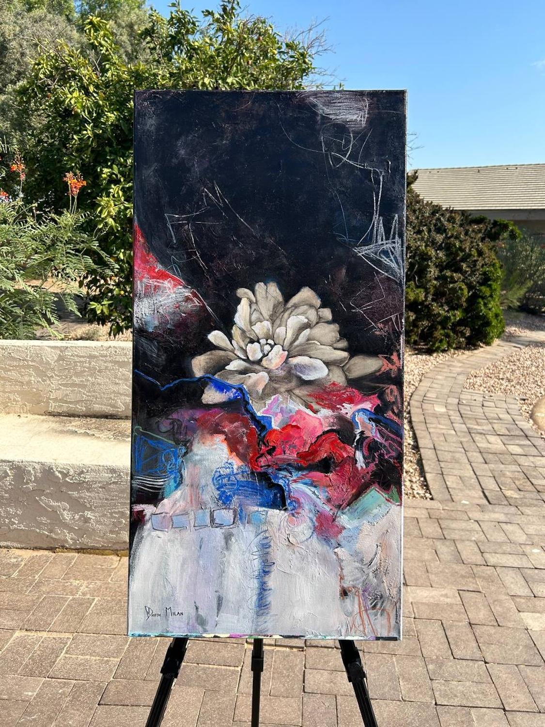 <p>Commentaires de l'artiste<br />Des pétales blancs s'épanouissent sur un fond sombre, avec des traits rouges et bleus qui créent un contraste. Le marquage ajoute une énergie expressive à la scène. L'artiste Dafni Milan a créé l'œuvre avec de la