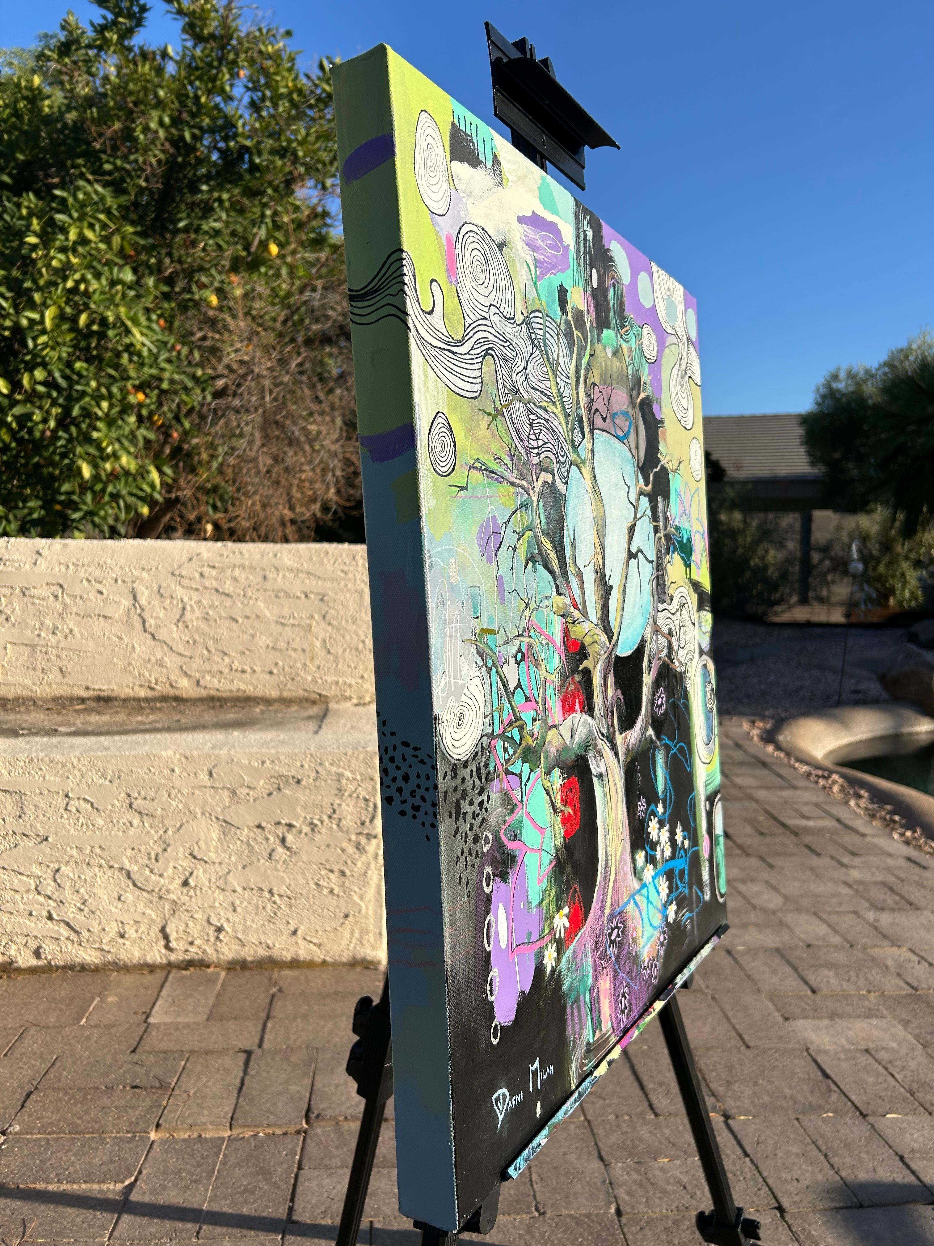 Blossoms éclairées par la lune, peinture originale - Expressionniste Mixed Media Art par Dafni Milan