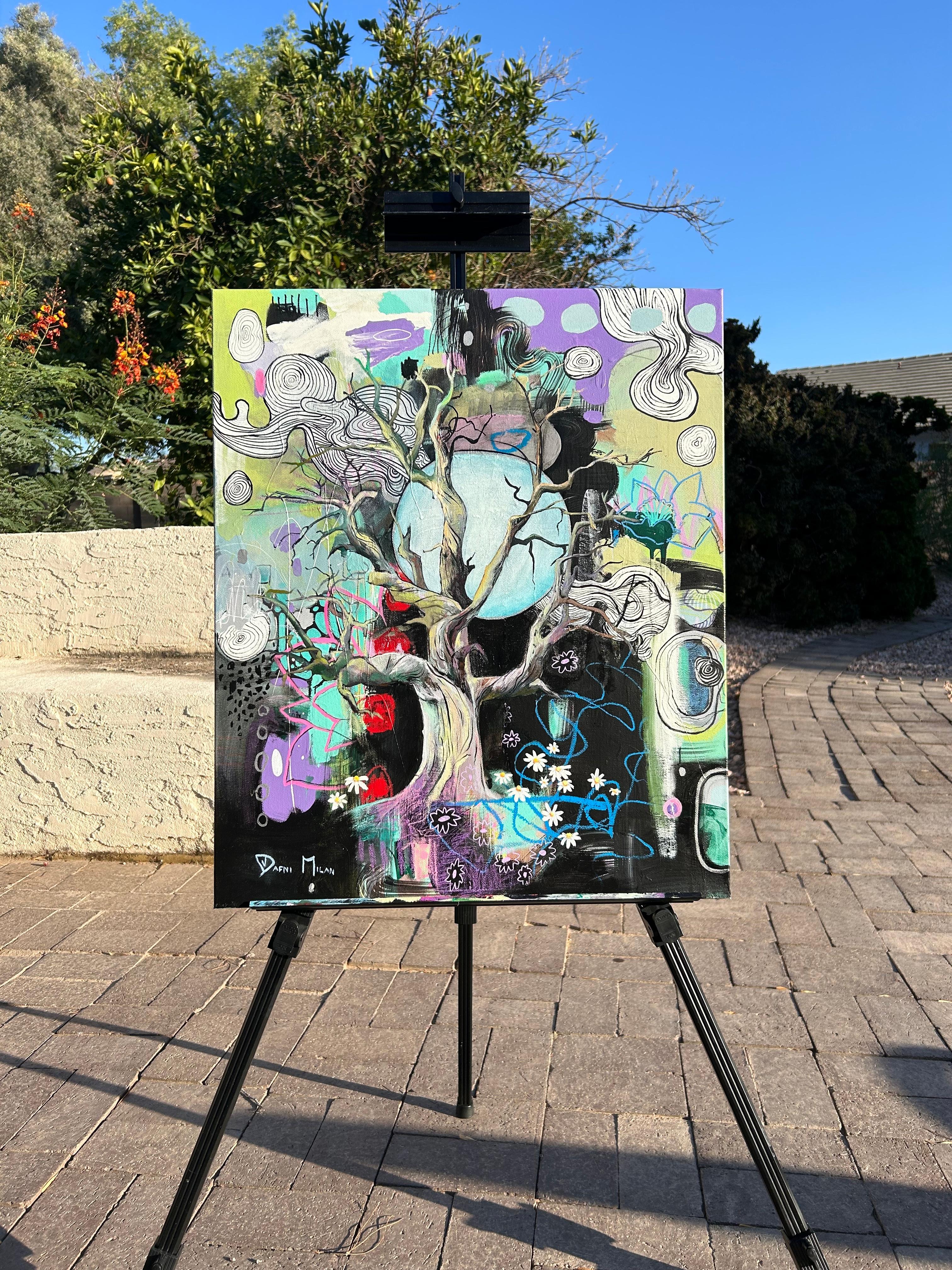 <p>Commentaires de l'artiste<br />Un arbre sans feuilles étend ses branches vers un ciel vibrant et tourbillonnant. Des marguerites fleurissent sur le sol tandis que des fleurs de lotus s'éparpillent sur la scène. Une lune lumineuse sert de toile de