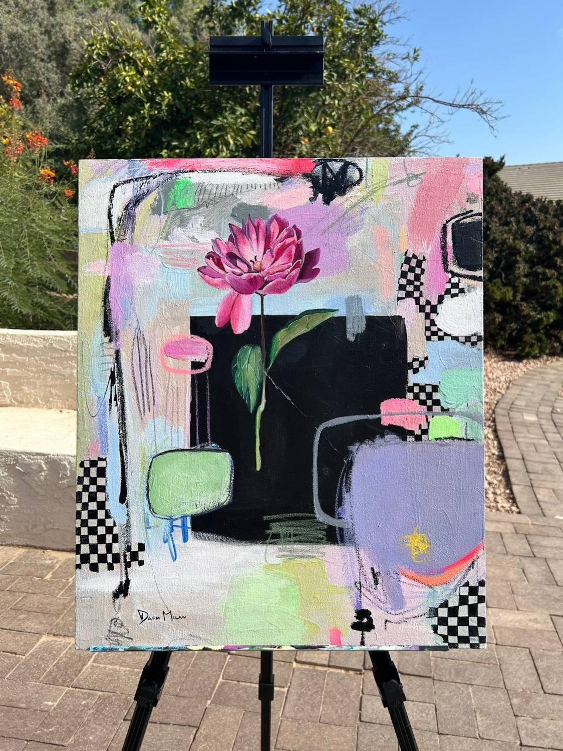 <p>Commenti dell'artista<br />Una peonia rosa si staglia su un quadrato nero, circondato da colori pastello e forme astratte. I motivi a scacchiera e le pennellate dinamiche trasmettono un senso di movimento e contrasto. L'artista Dafni Milan ha