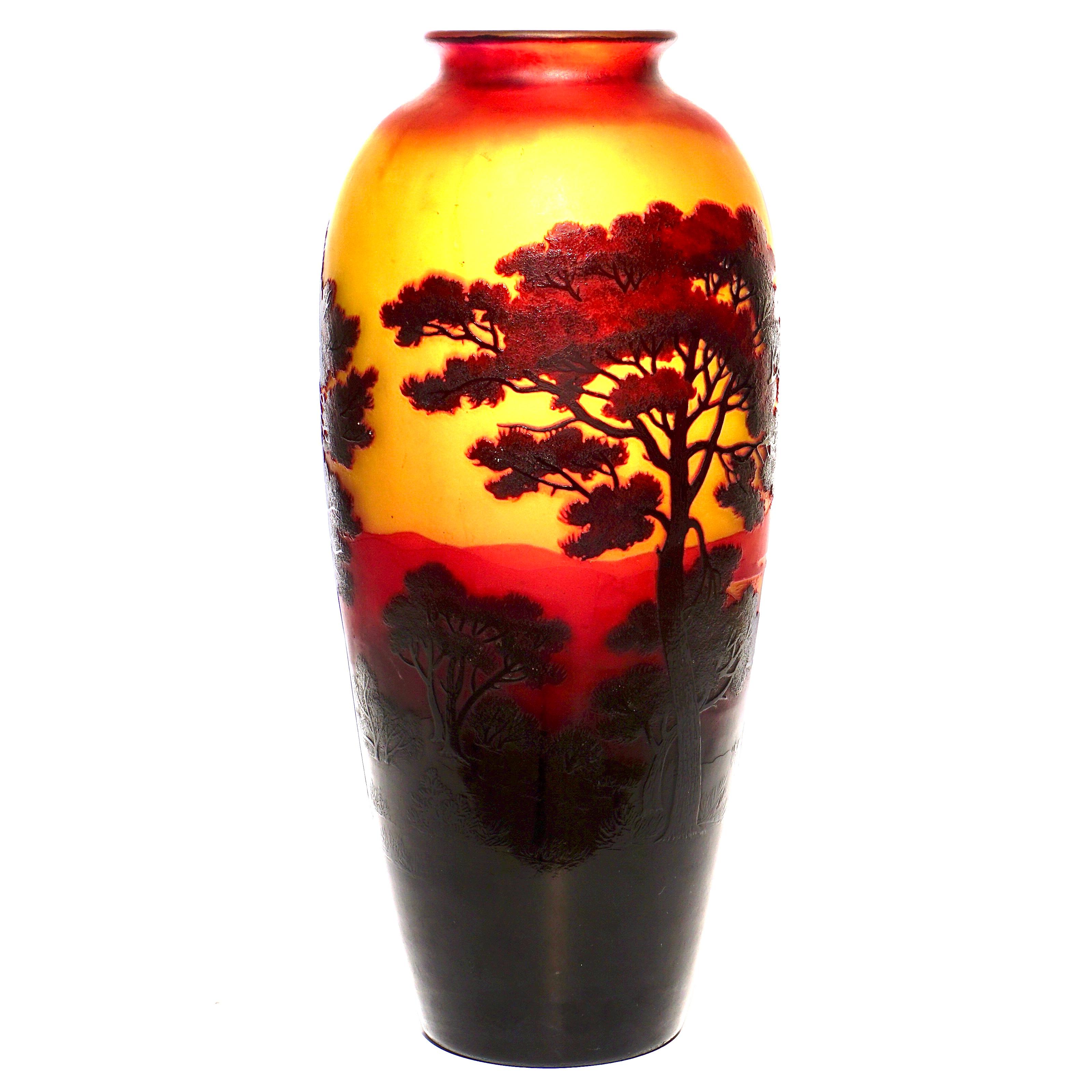 D'argental Paul Nicolas Art Nouveau Cameo Scenic Art Glass vase, 1920 

A monumental wheel carved and acid etched cameo Art Nouveau red and yellow art glass scenic vase representing trees in the foreground and a lake in the background with a dawn
