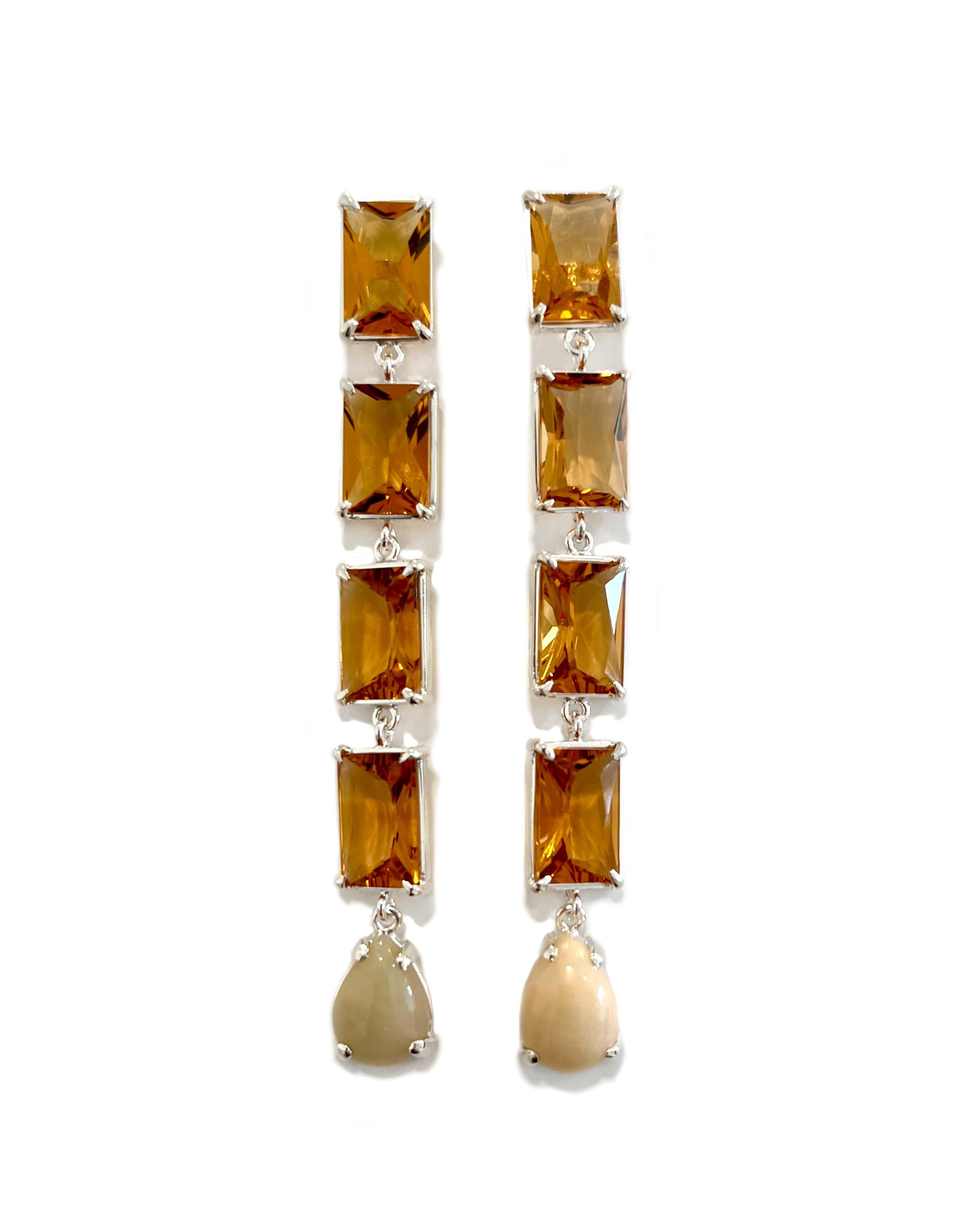 Contemporary Daggett Drop Earrings in Orange Quartz, Opal, Sterling Silver For Sale
