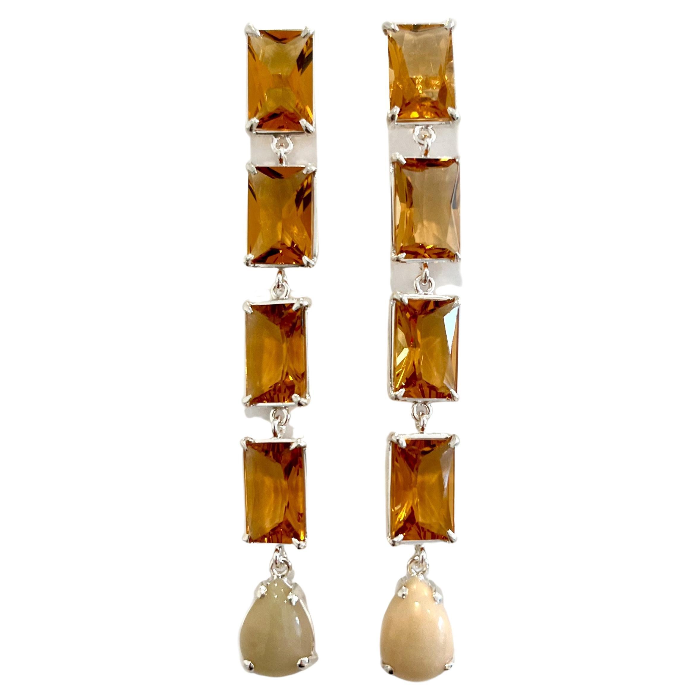 Daggett Drop Earrings in Orange Quartz, Opal, Sterling Silver For Sale