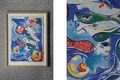 Dagmar Glemme, Composition with fish and faces, Color Lithograph, Framed