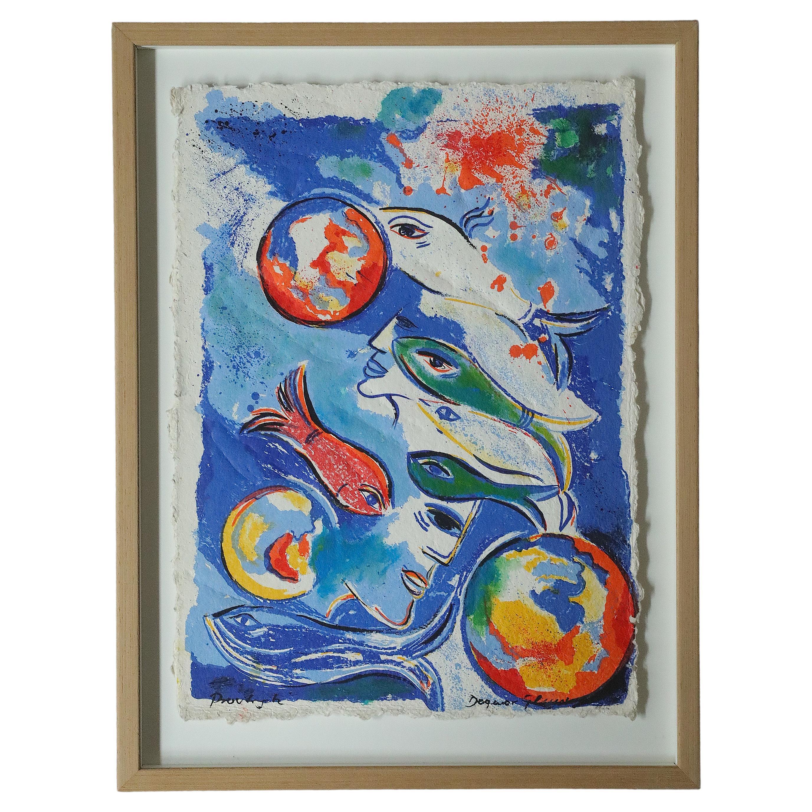 Dagmar Glemme, Composition with fish and faces, Color Lithograph, Framed For Sale