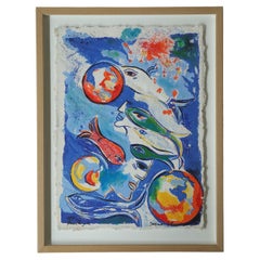 Dagmar Glemme, Composition with fish and faces, Color Lithograph, Framed