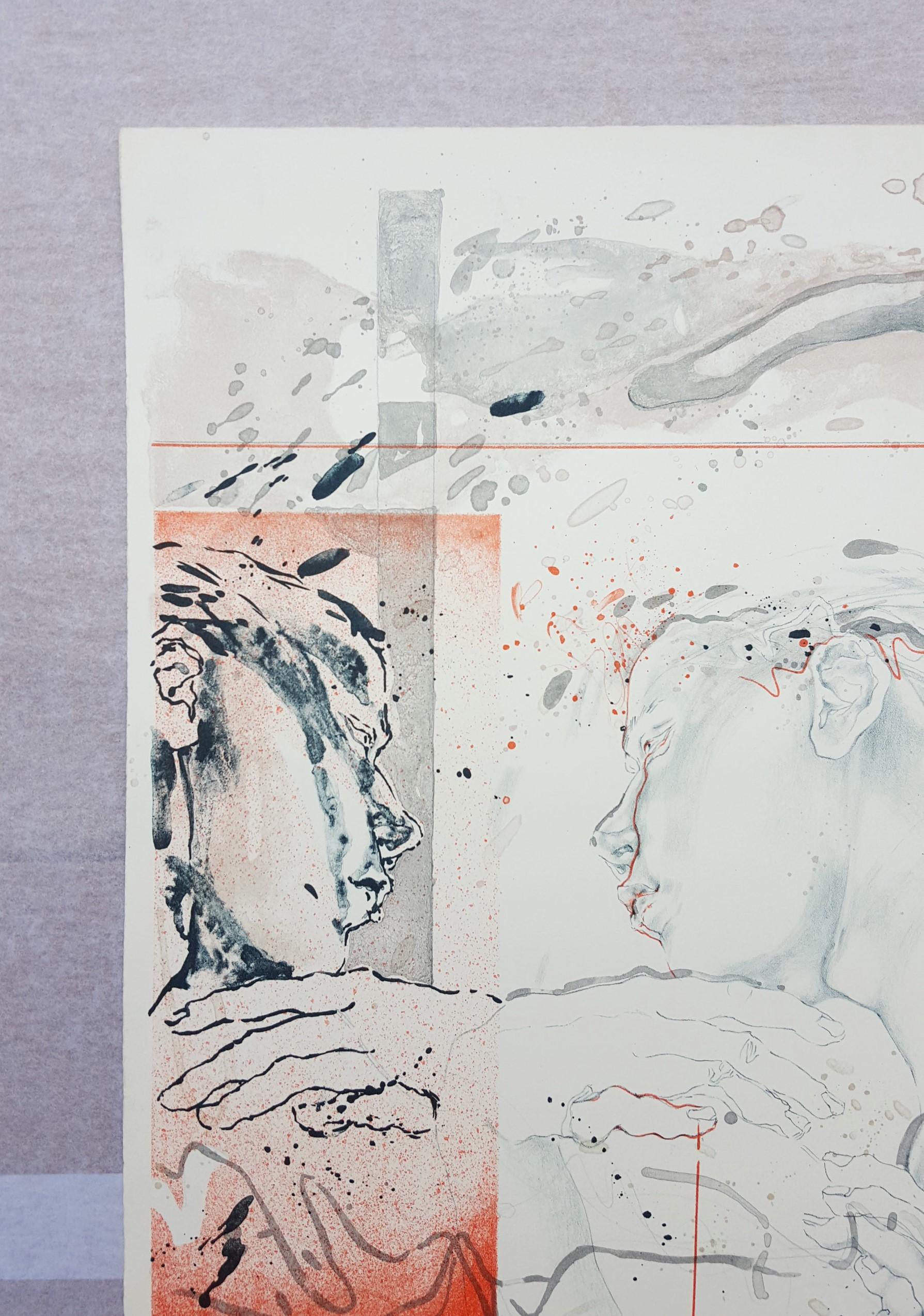 Akt III mit Porträt /// Zeitgenössische Künstlerin Katze Figurative Kunst Moderne (Grau), Figurative Print, von Dagmar Mezricky