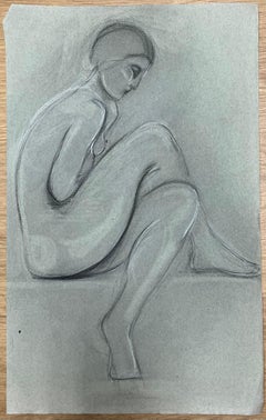 Croquis au pastel français original des années 1960 Modèle nu assis contemplatif