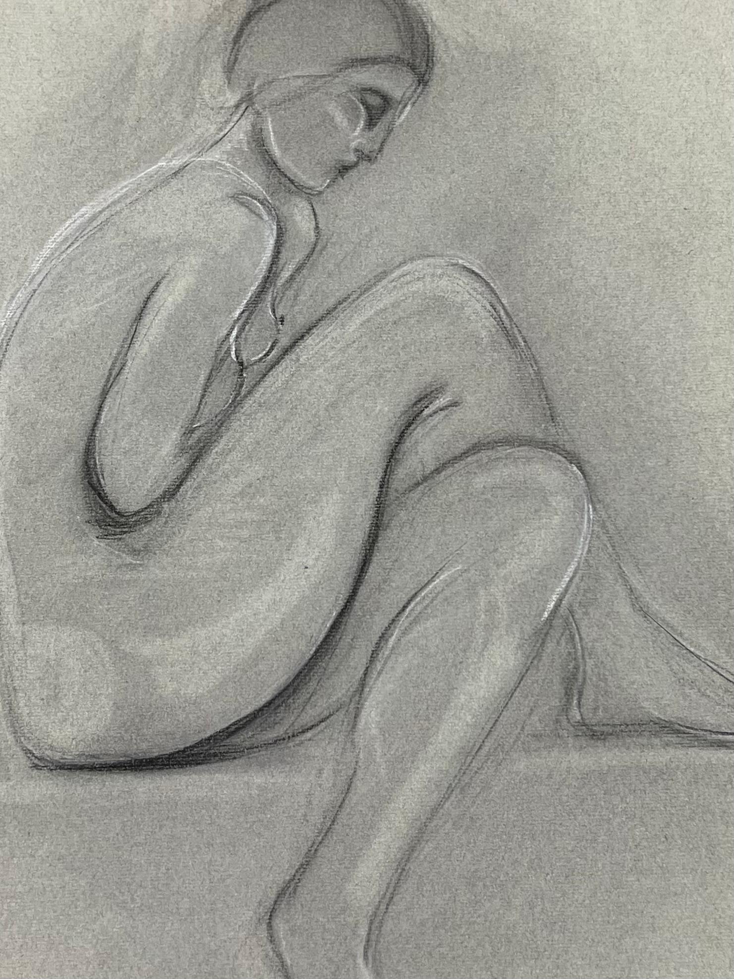 Schizzo a pastello francese originale del 1960 Modello di nudo seduto e contemplativo - Art Moderno di Dagmar Web