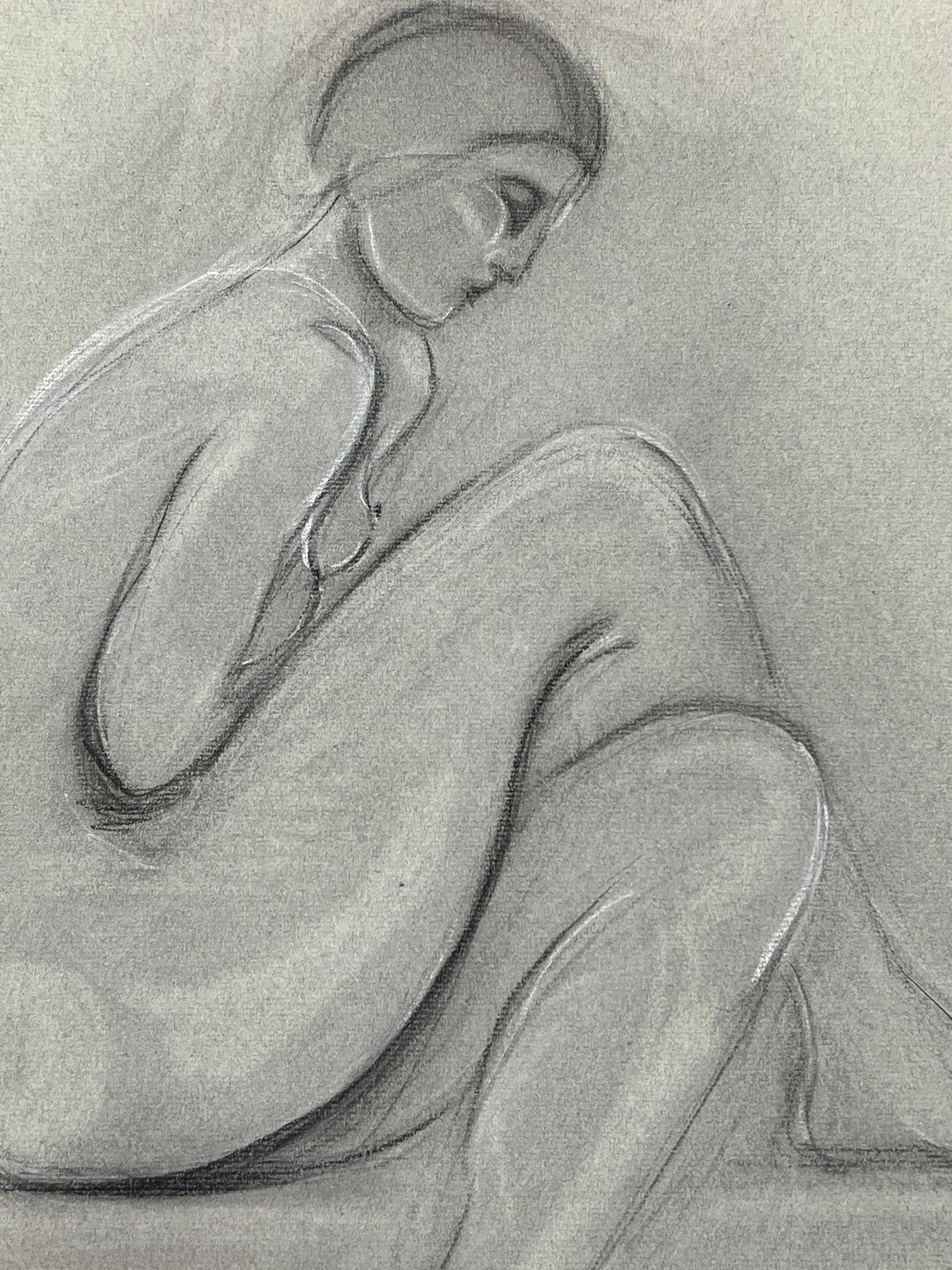 Schizzo a pastello francese originale del 1960 Modello di nudo seduto e contemplativo - Nude Grigio di Dagmar Web