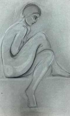 Croquis au pastel français original des années 1960 Modèle nu assis contemplatif