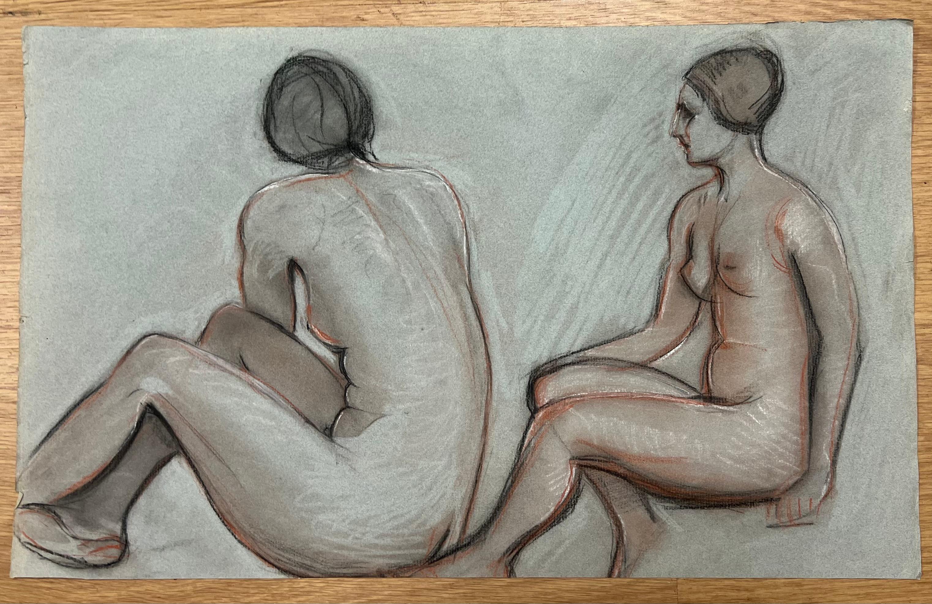 Schizzo originale francese a pastello del 1960: doppia modella nuda seduta - Art di Dagmar Web