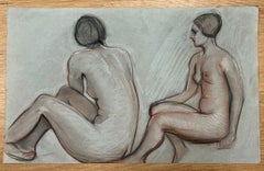Croquis au pastel français original des années 1960 Dual Seated Nude Models
