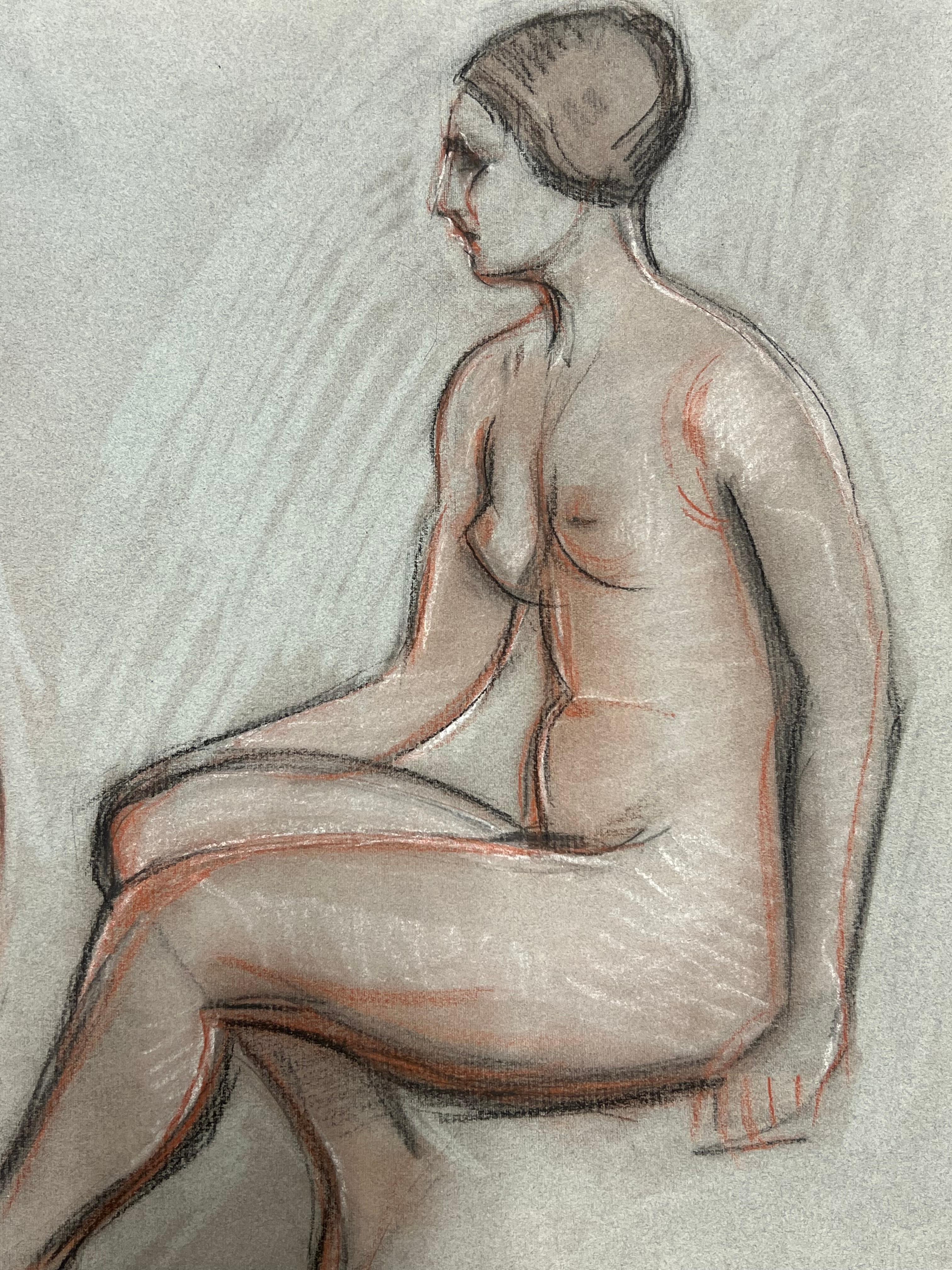 Schizzo originale francese a pastello del 1960: doppia modella nuda seduta - Art Moderno di Dagmar Web