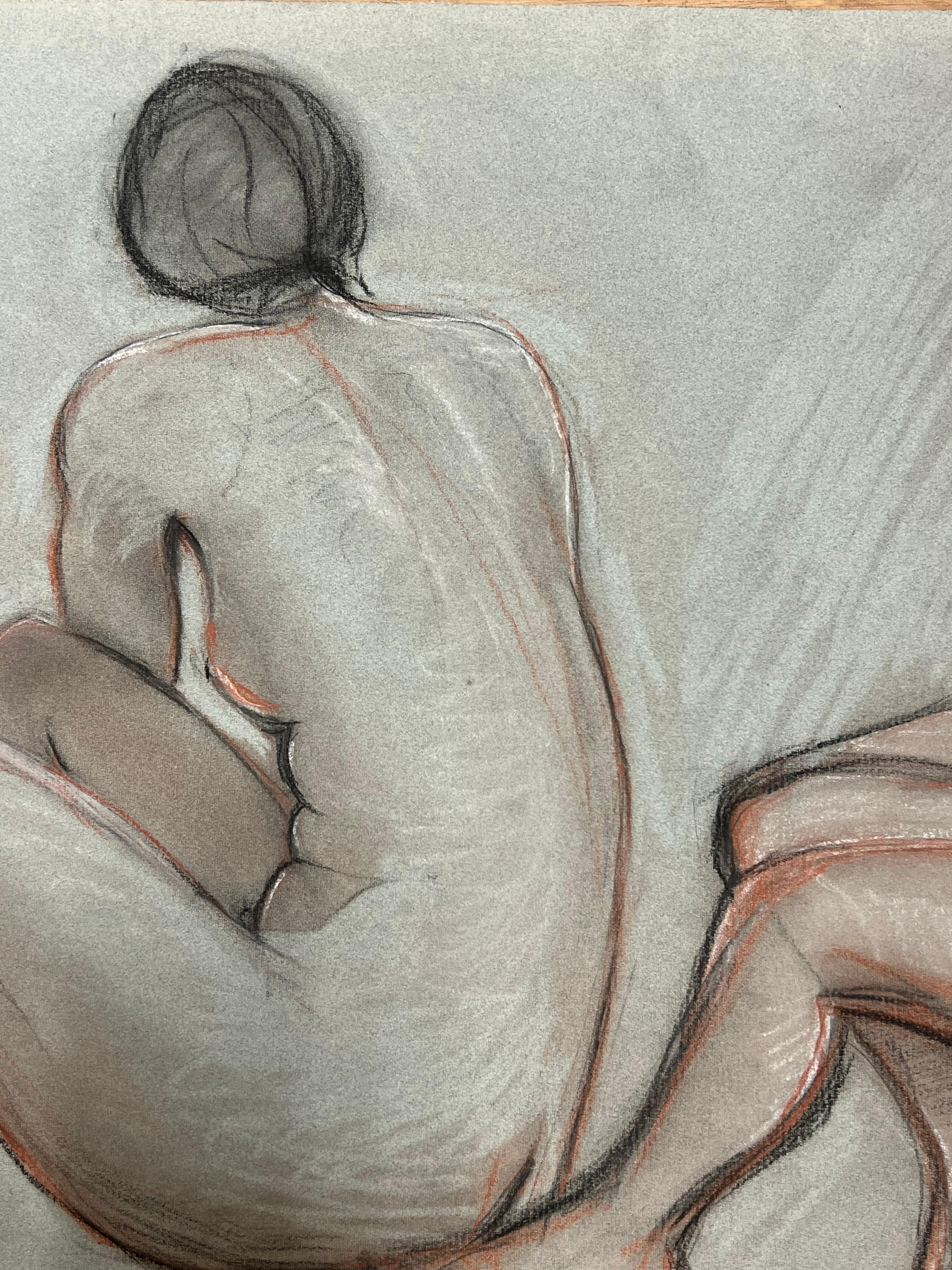 Schizzo originale francese a pastello del 1960: doppia modella nuda seduta - Nude Grigio di Dagmar Web