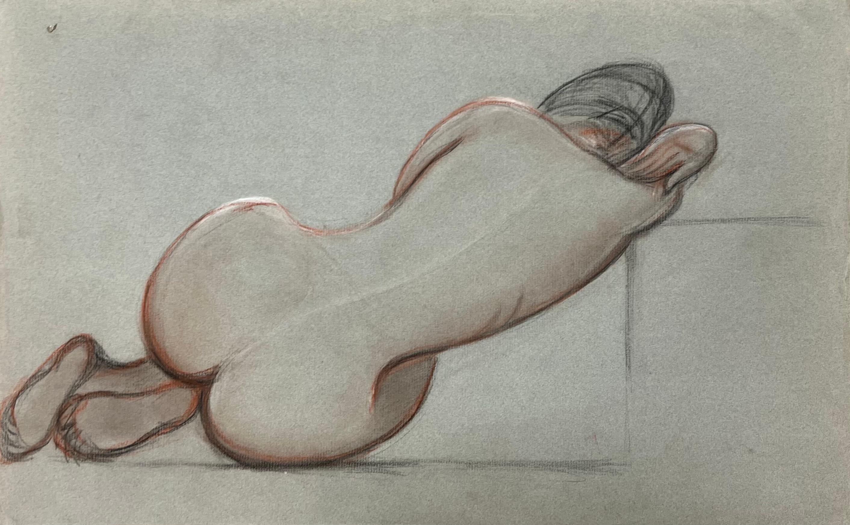 Schizzo originale francese a pastello del 1960: doppia modella nuda seduta in vendita 2