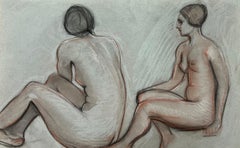 Croquis au pastel français original des années 1960 Dual Seated Nude Models