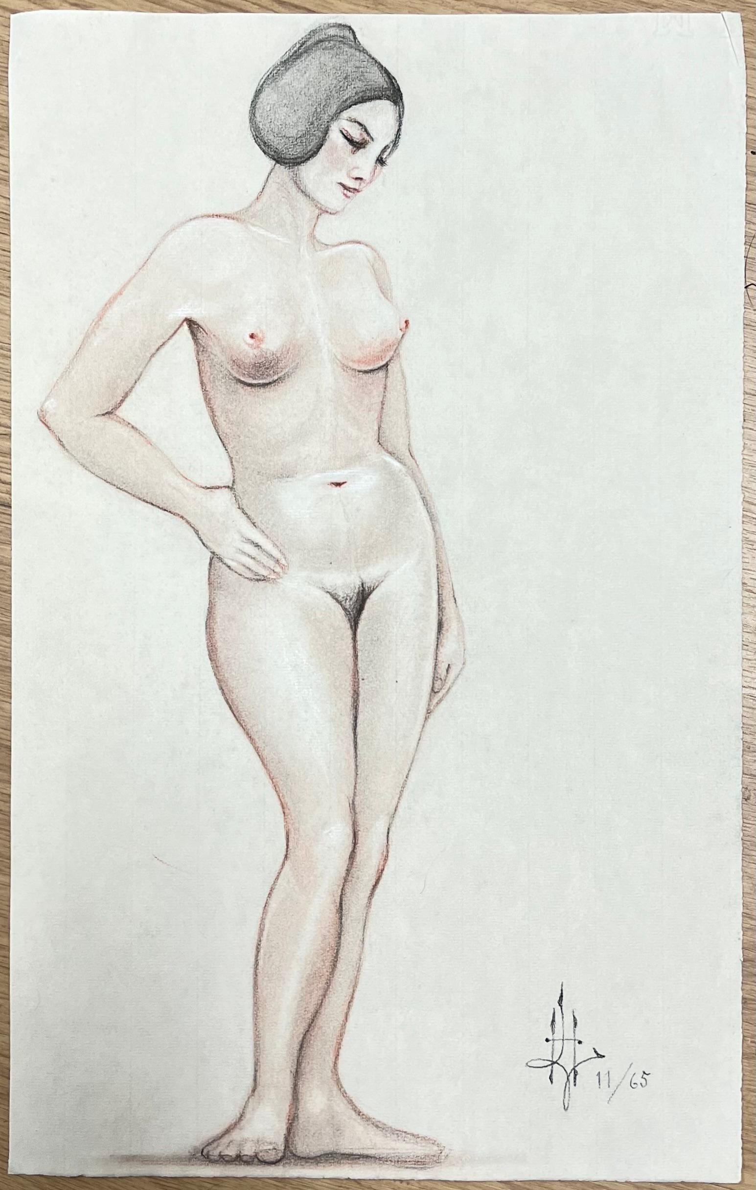 Schizzo originale francese a pastello degli anni '60 Elegante modella nuda - Art di Dagmar Web