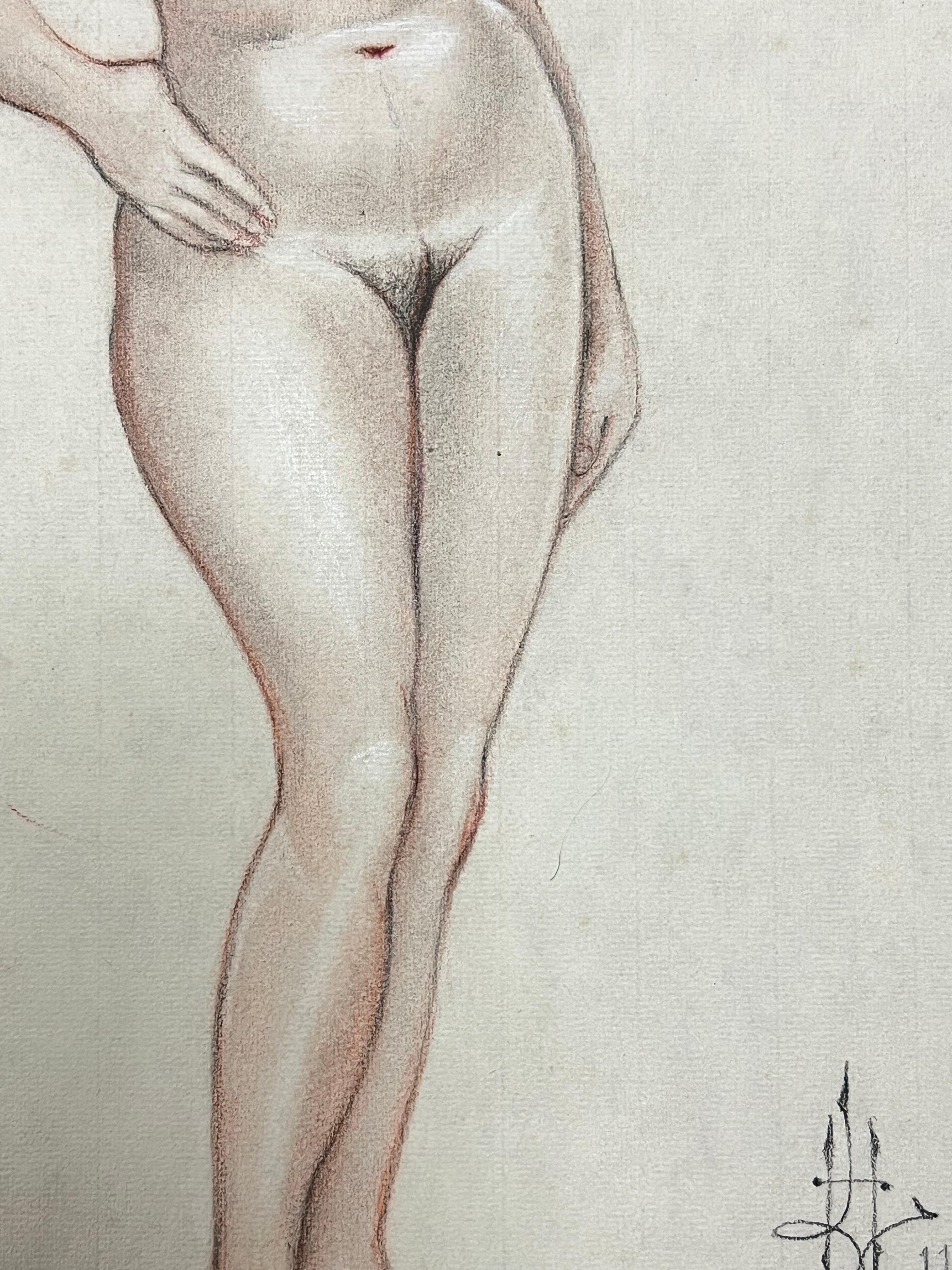 Schizzo originale francese a pastello degli anni '60 Elegante modella nuda - Nude Grigio di Dagmar Web
