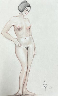 Schizzo originale francese a pastello degli anni '60 Elegante modella nuda