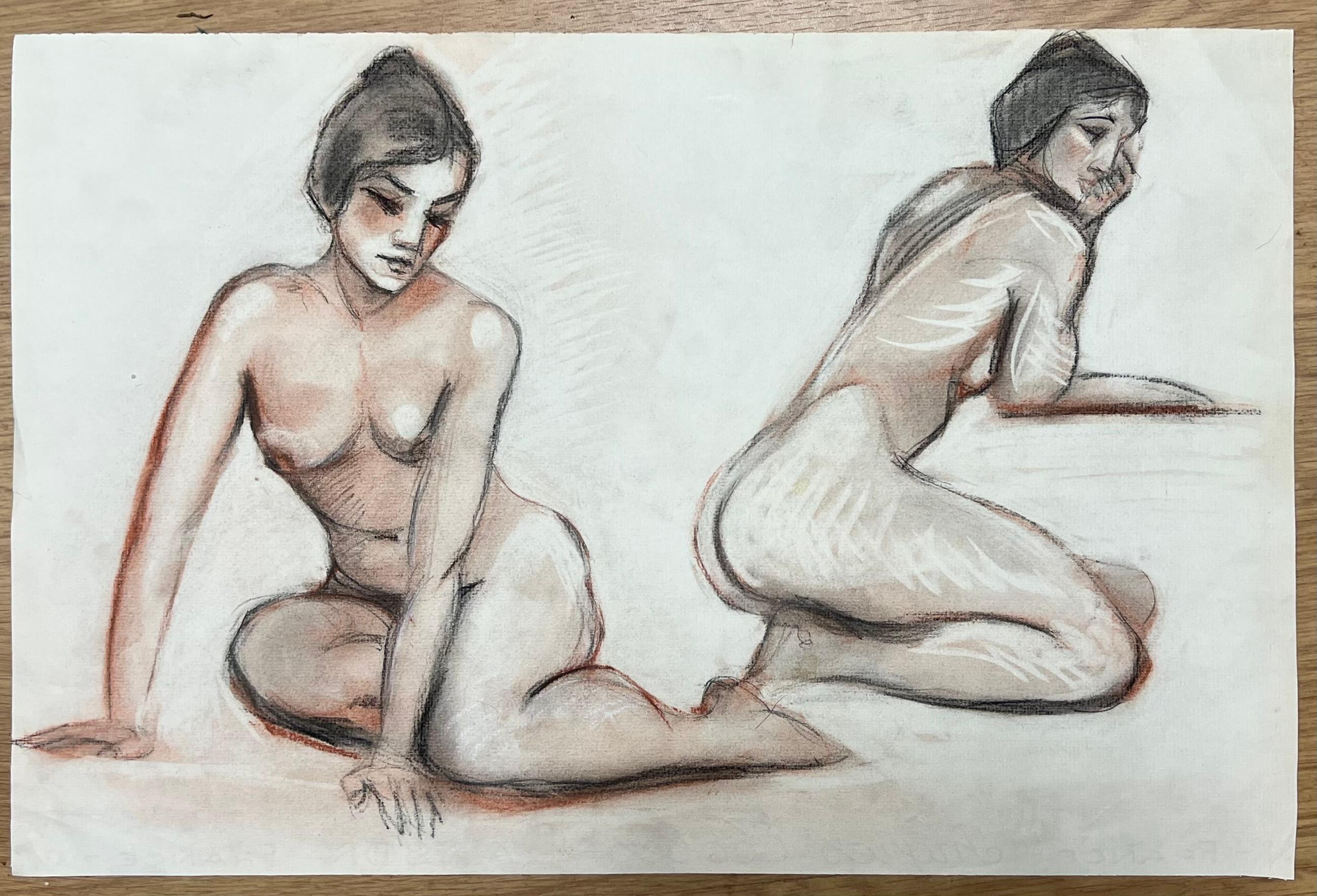 Schizzo a pastello francese originale del 1960 Espressiva modella nuda doppiamente seduta - Painting di Dagmar Web
