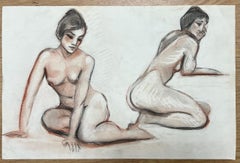 1960's Original Dibujo al Pastel Francés Modelos Desnudos Sentados Duales Expresivos