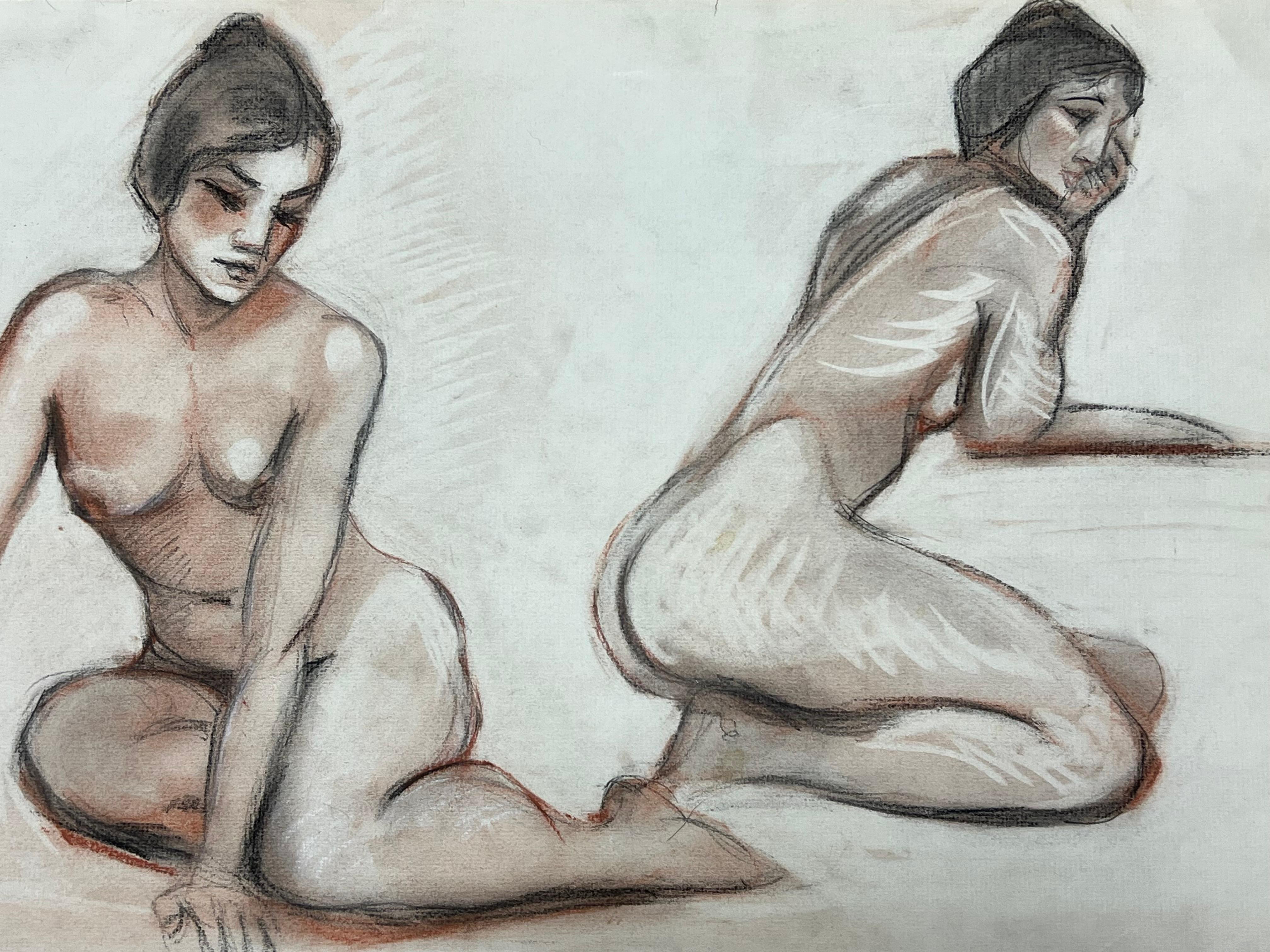 Schizzo a pastello francese originale del 1960 Espressiva modella nuda doppiamente seduta - Painting Moderno di Dagmar Web
