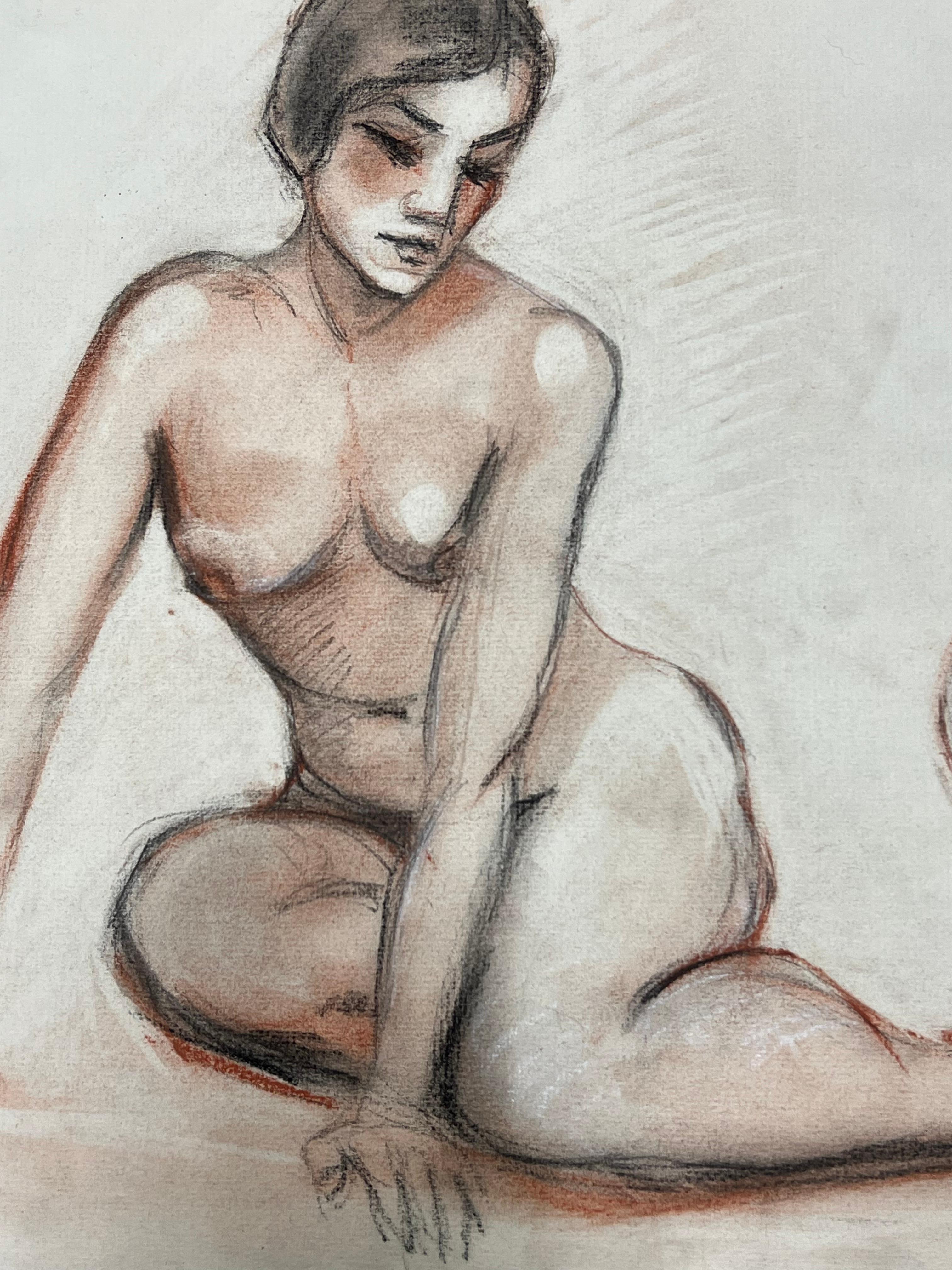 Studio di nudo 
Scuola francese, anni '60 circa
gesso e pastello su carta per artisti, senza cornice 
dimensioni: 12,5 x 19 pollici
condizioni: ottime e pronte per essere gustate
provenienza: collezione privata, Francia
