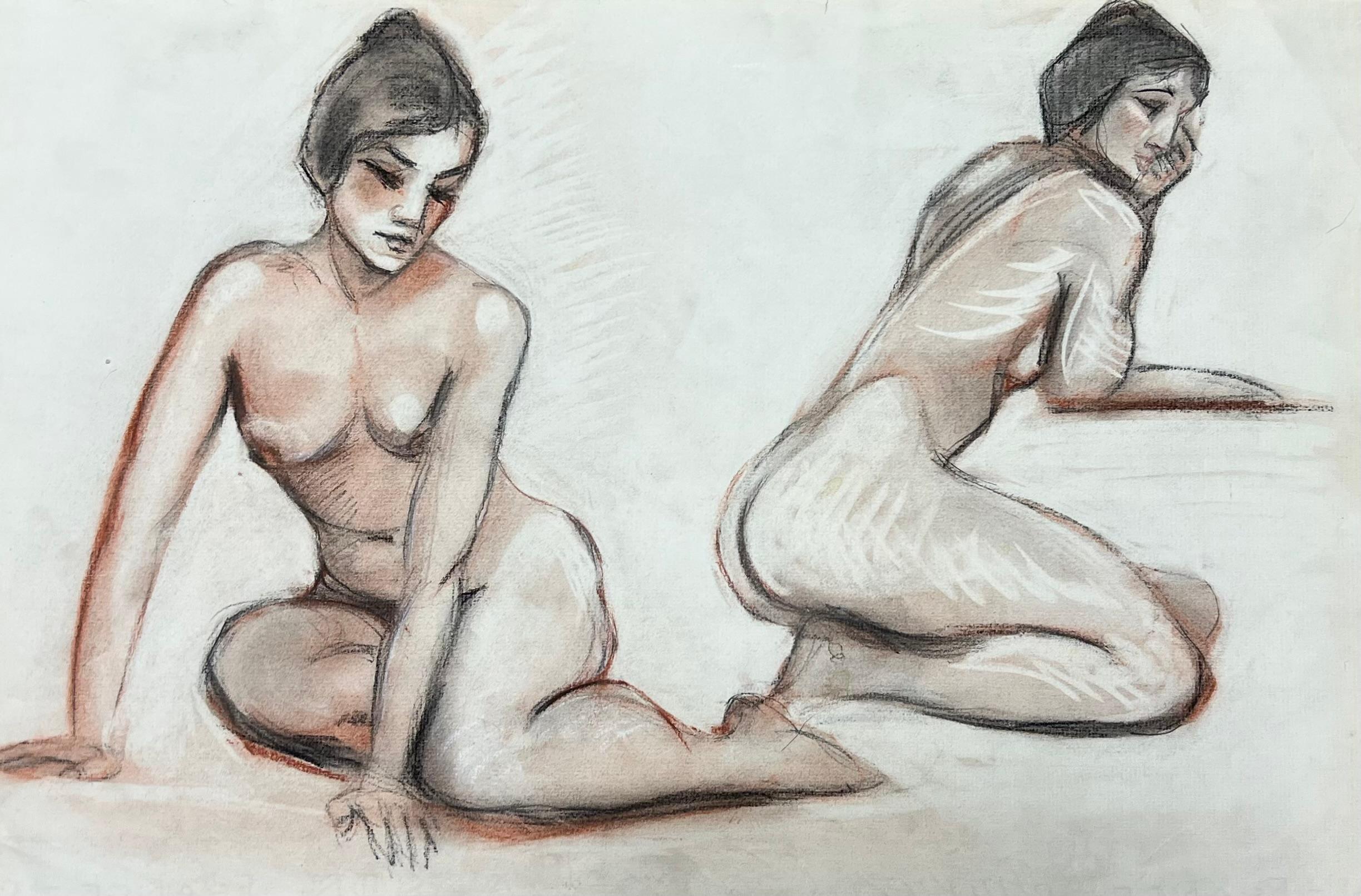 Croquis au pastel français original des années 1960 Modèles nus assis en duo expressifs
