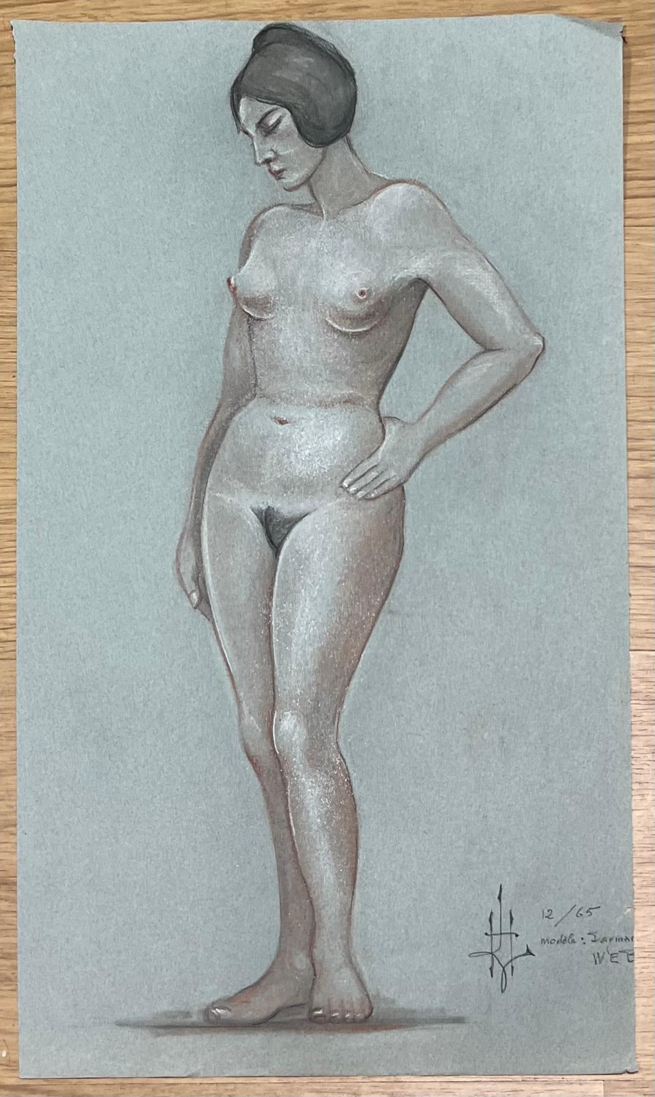 1960's Dibujo original francés al pastel Retrato de figura femenina desnuda - Art de Dagmar Web
