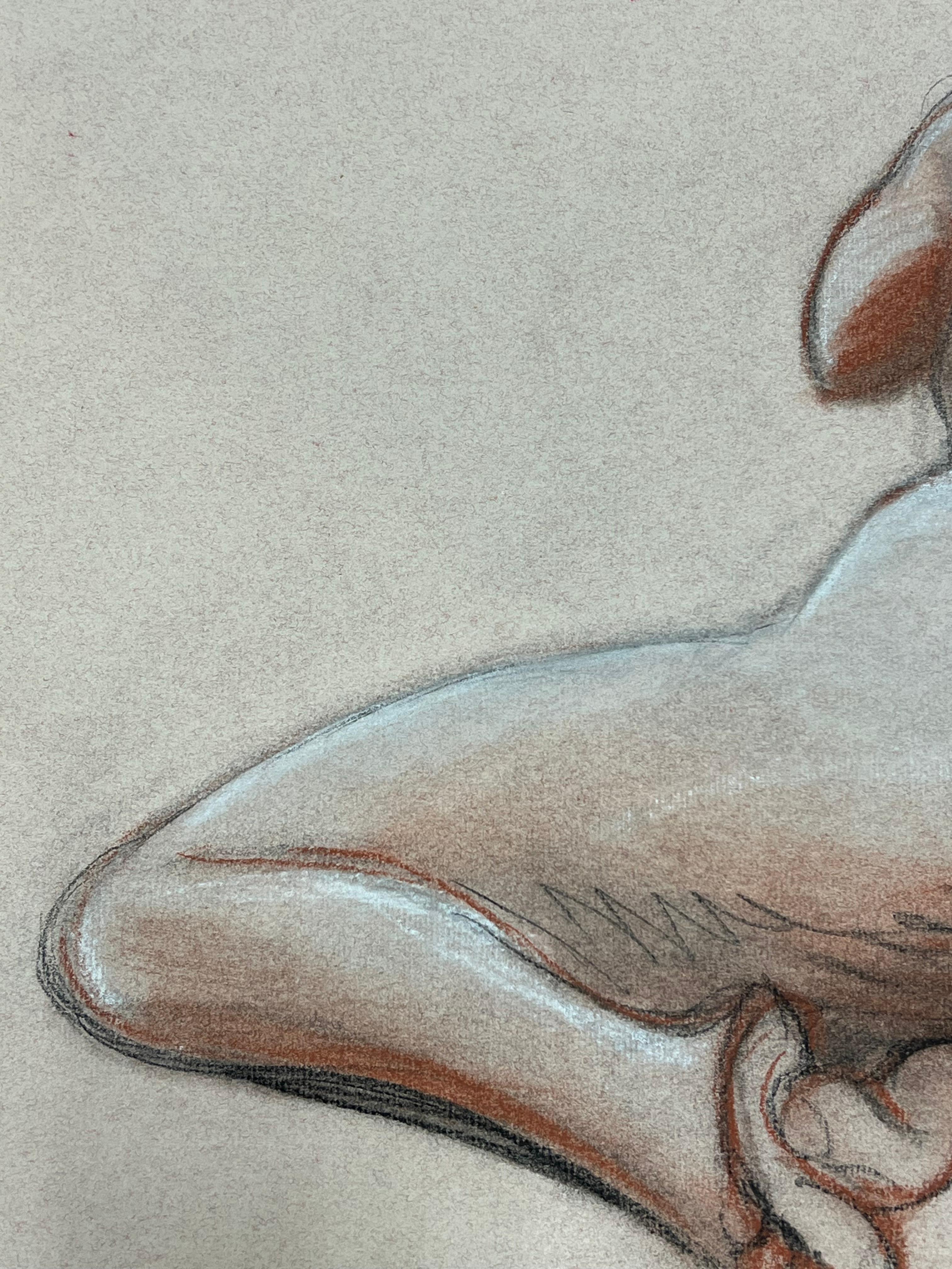 1960's Dibujo original francés al pastel Retrato de figura femenina desnuda - Nude Gris de Dagmar Web
