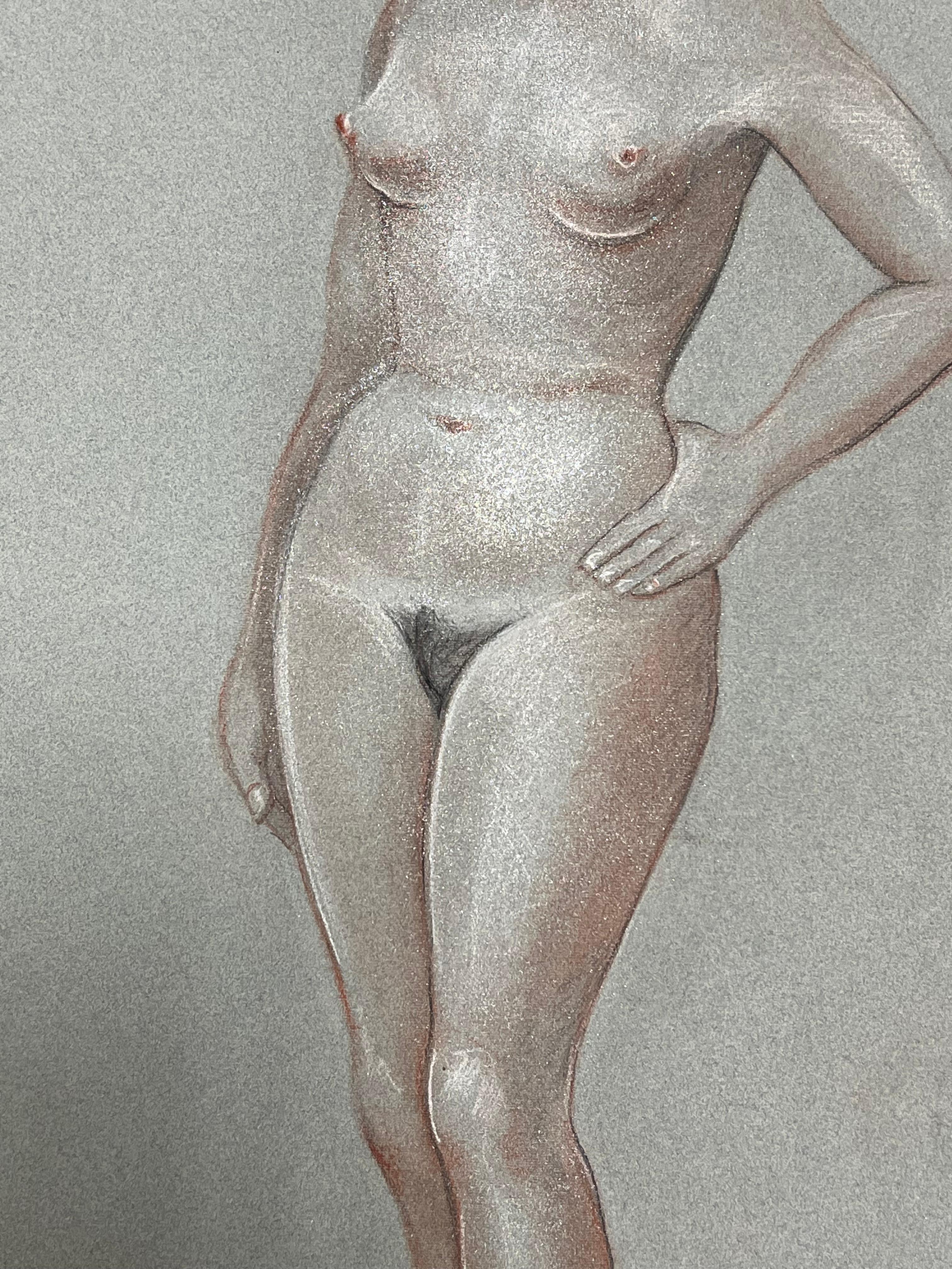 1960's Dibujo original francés al pastel Retrato de figura femenina desnuda - Nude Gris de Dagmar Web