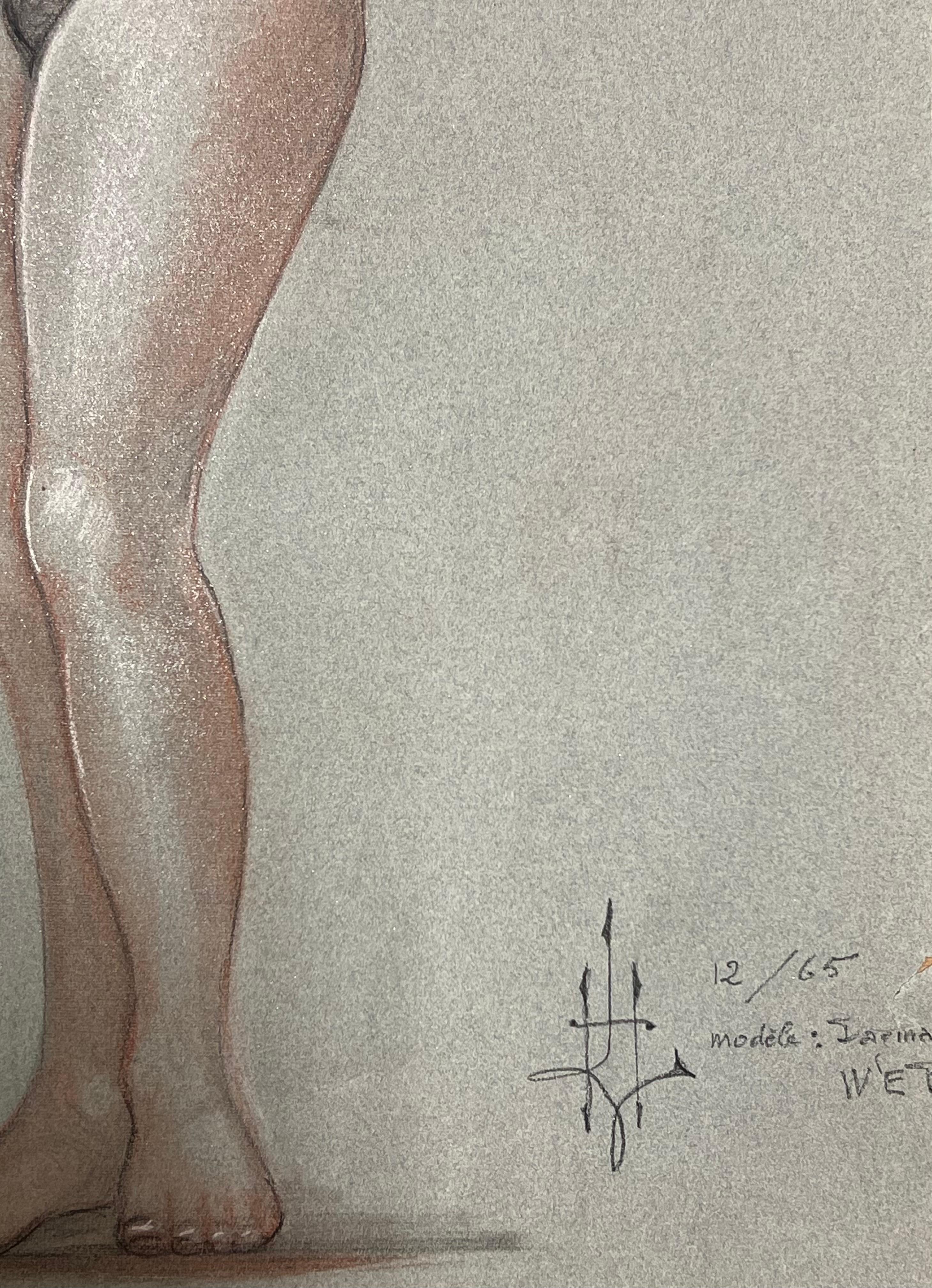 1960's Dibujo original francés al pastel Retrato de figura femenina desnuda en venta 1