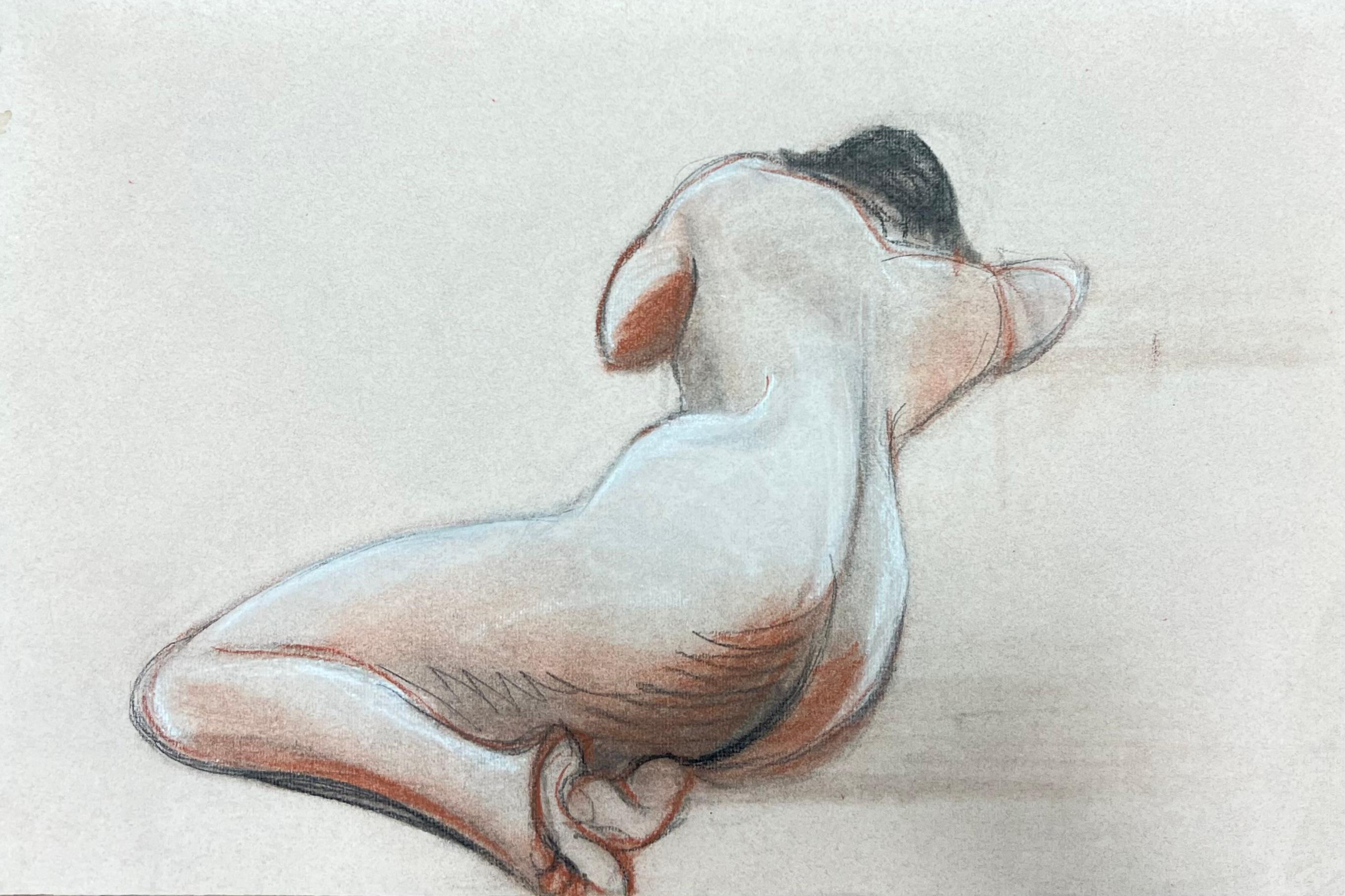 Portrait d'une figure féminine nue, croquis français original au pastel des années 1960