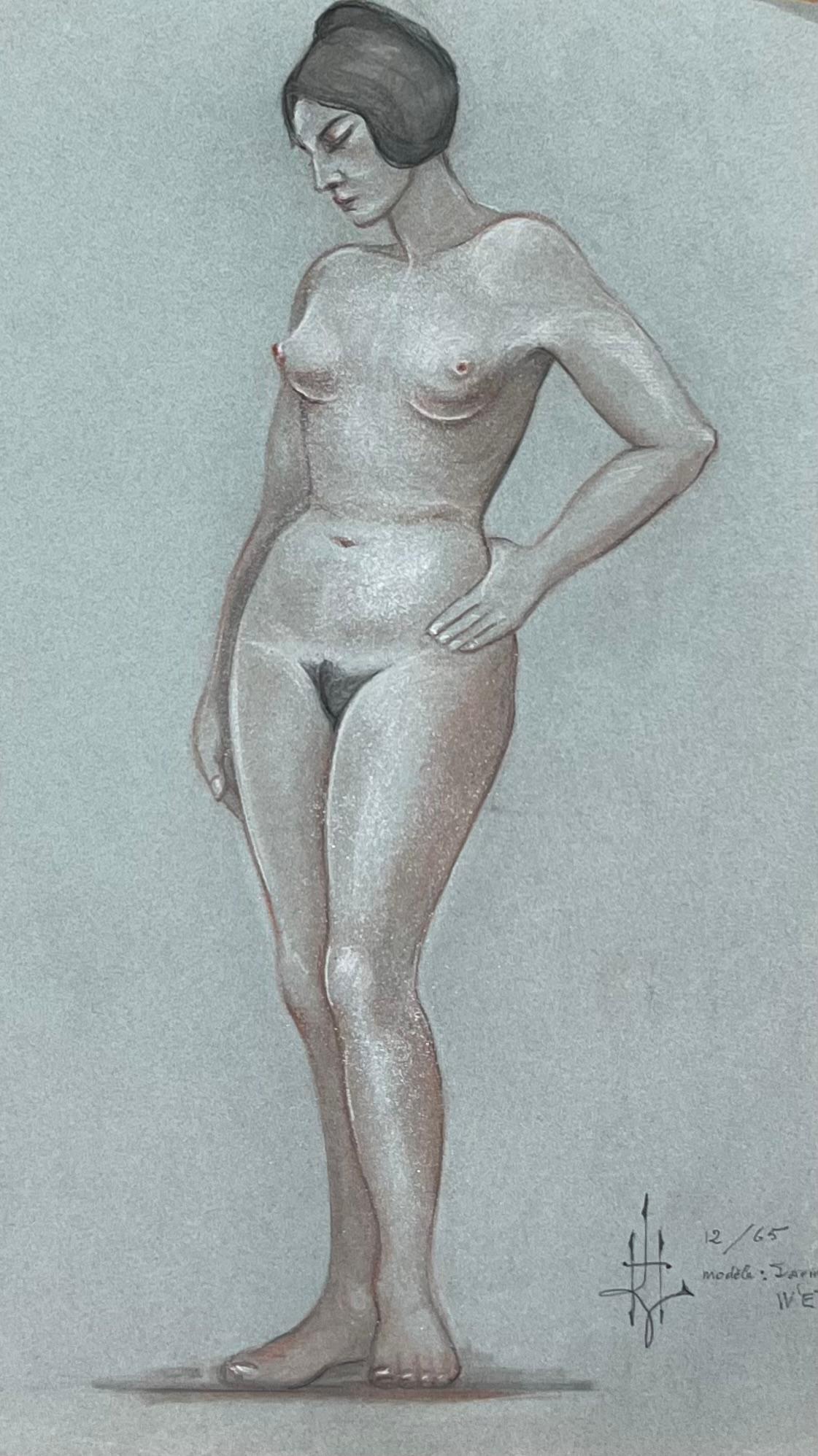 Portrait d'une figure féminine nue, croquis français original au pastel des années 1960