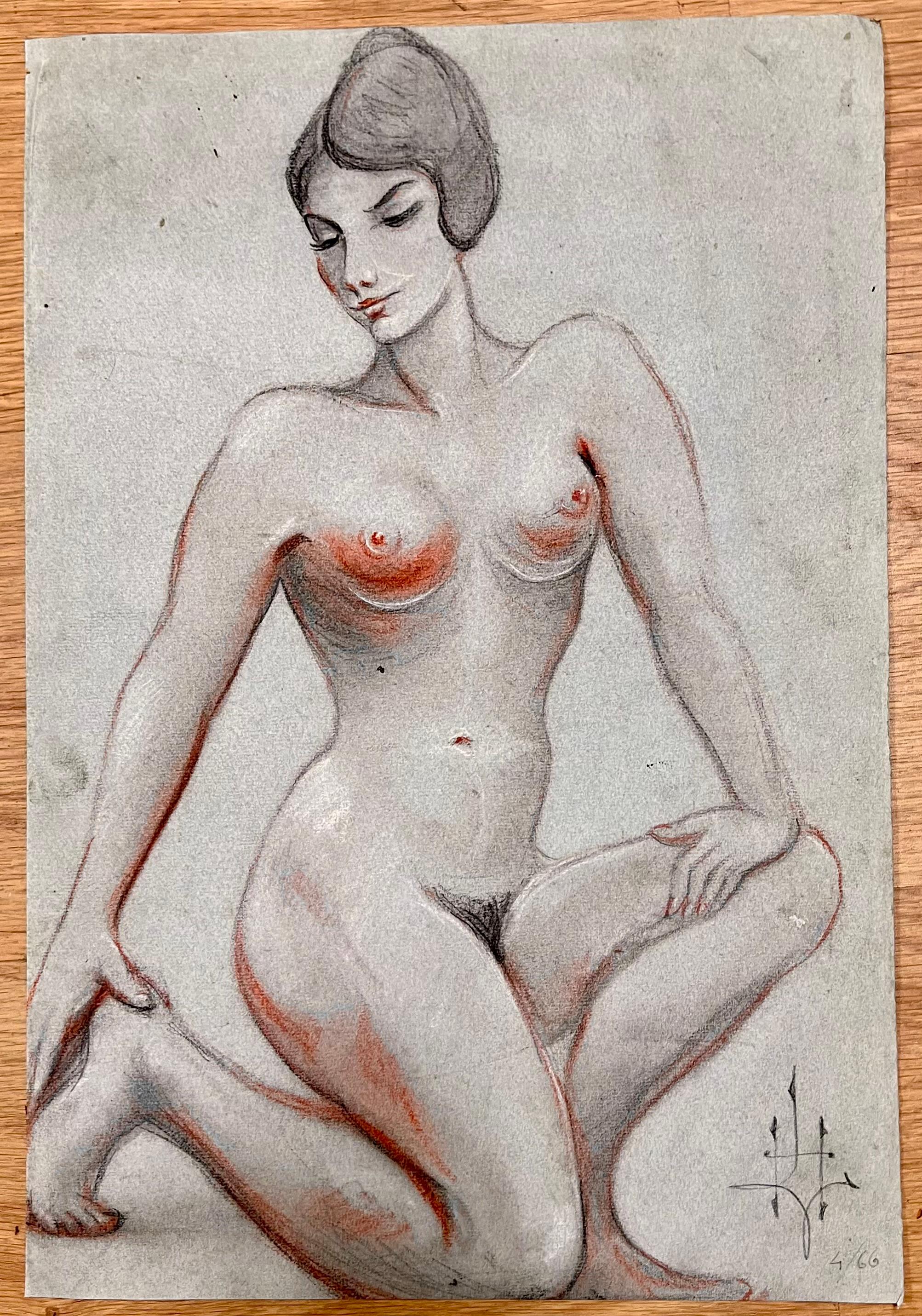 1960's Original French Pastel Sketch Nude Kneeling Nude Study Poised Elegance - Moderne Art par Dagmar Web