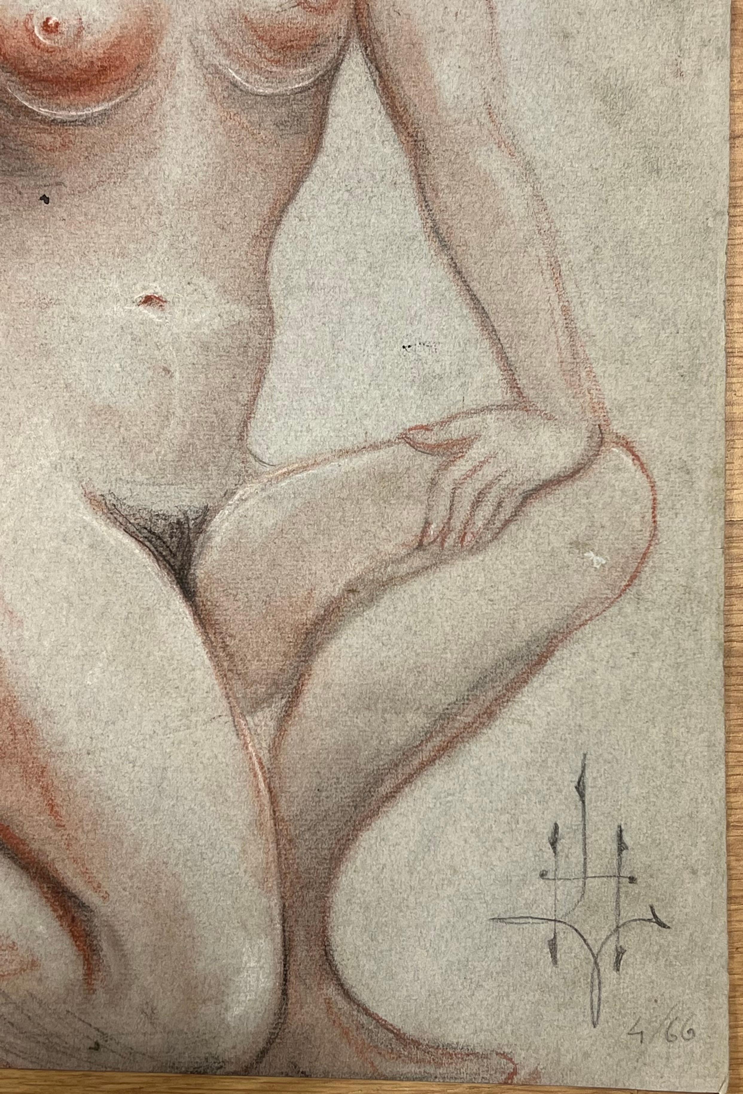 1960's Original French Pastel Sketch Nude Kneeling Nude Study Poised Elegance en vente 1