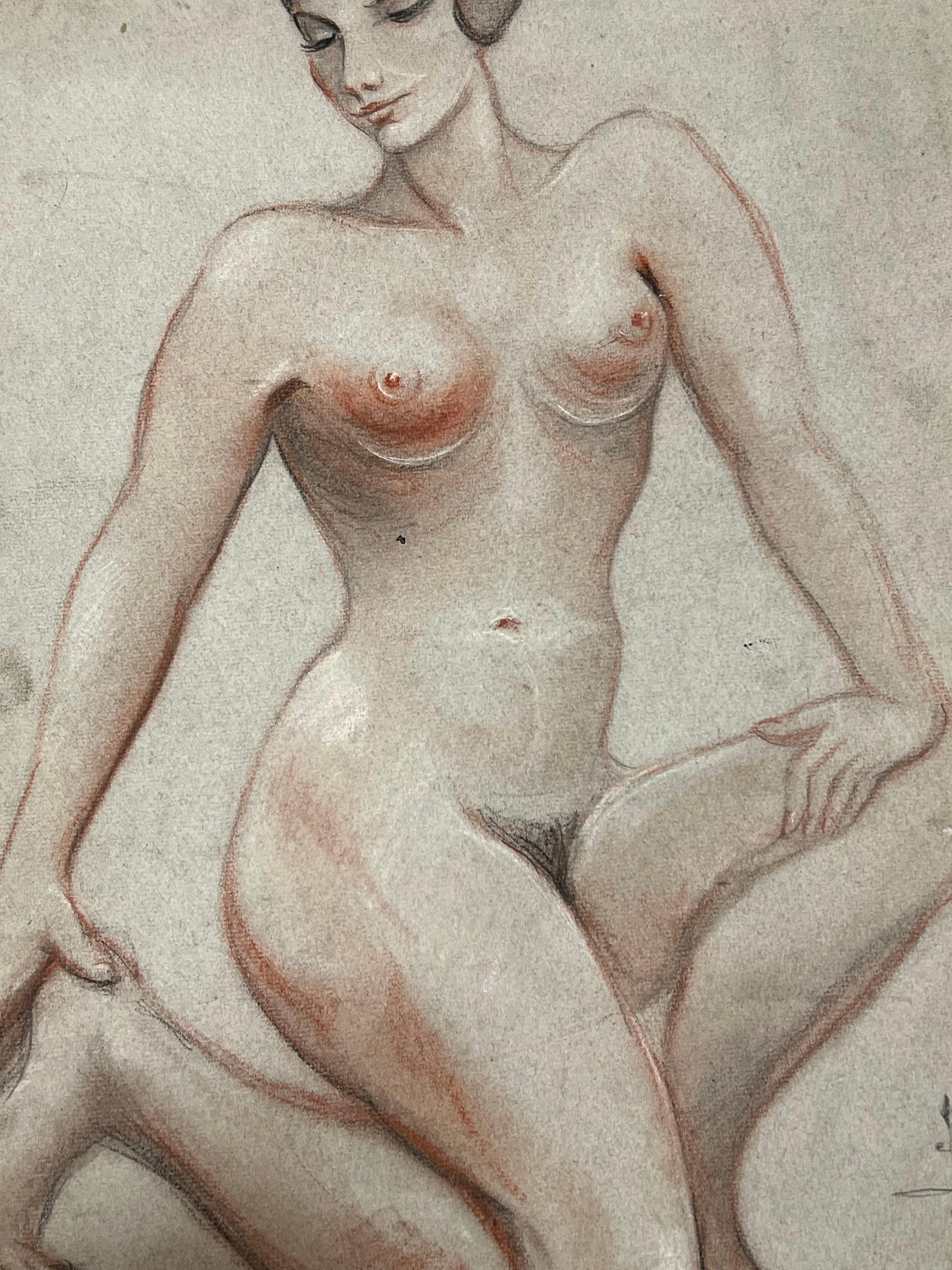 1960's Original French Pastel Sketch Nude Kneeling Nude Study Poised Elegance en vente 2