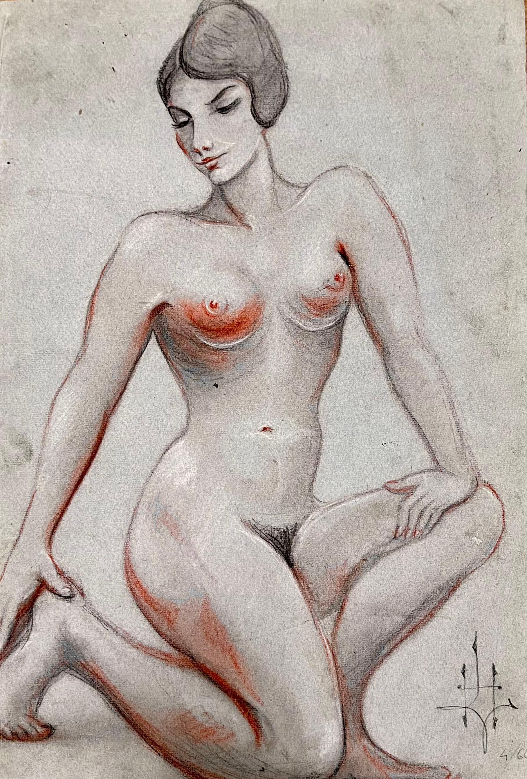 1960's Original French Pastel Sketch Nude Kneeling Nude Study Poised Elegance - Art de Dagmar Web