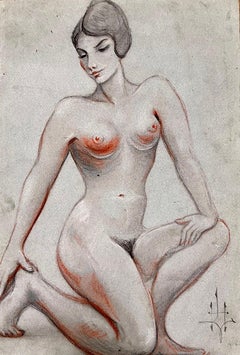 1960's Original French Pastel Sketch Nude Kneeling Nude Study Poised Elegance