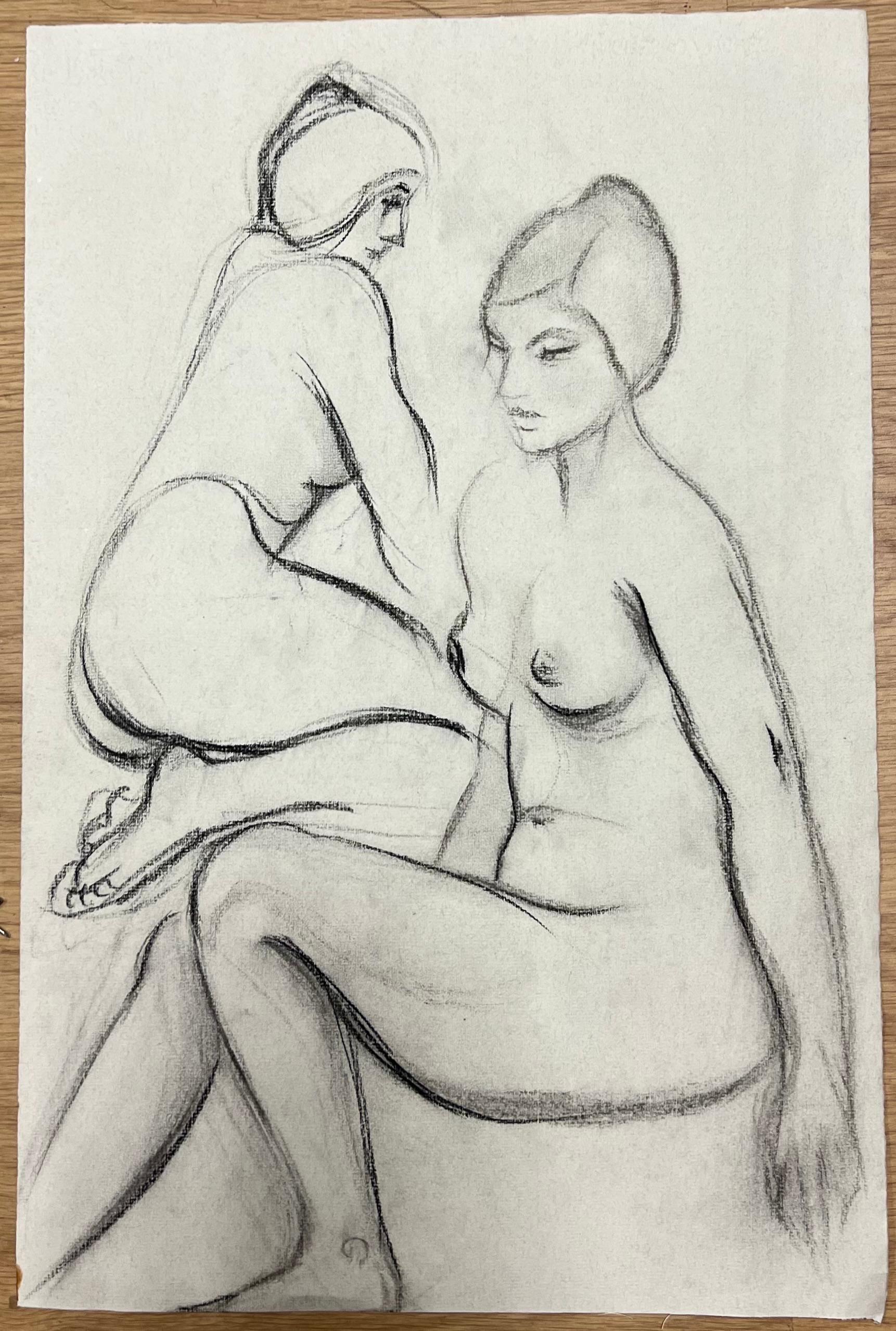 Dibujo original francés al pastel de 1960 Figuras femeninas desnudas sentadas y arrodilladas - Art de Dagmar Web