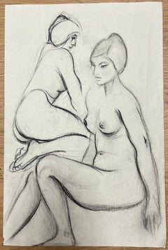 Dibujo original francés al pastel de 1960 Figuras femeninas desnudas sentadas y arrodilladas