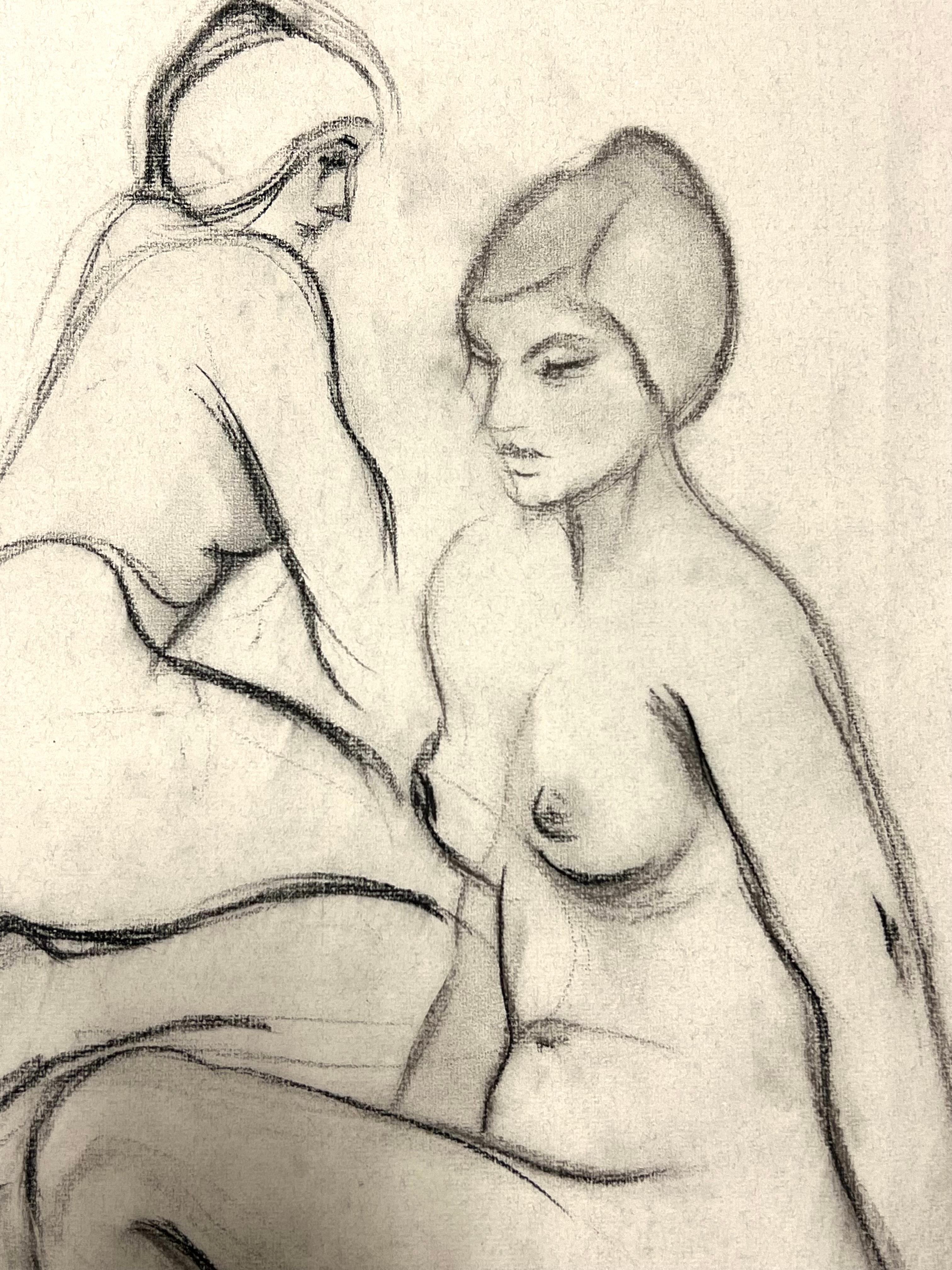 Dibujo original francés al pastel de 1960 Figuras femeninas desnudas sentadas y arrodilladas - Art Moderno de Dagmar Web