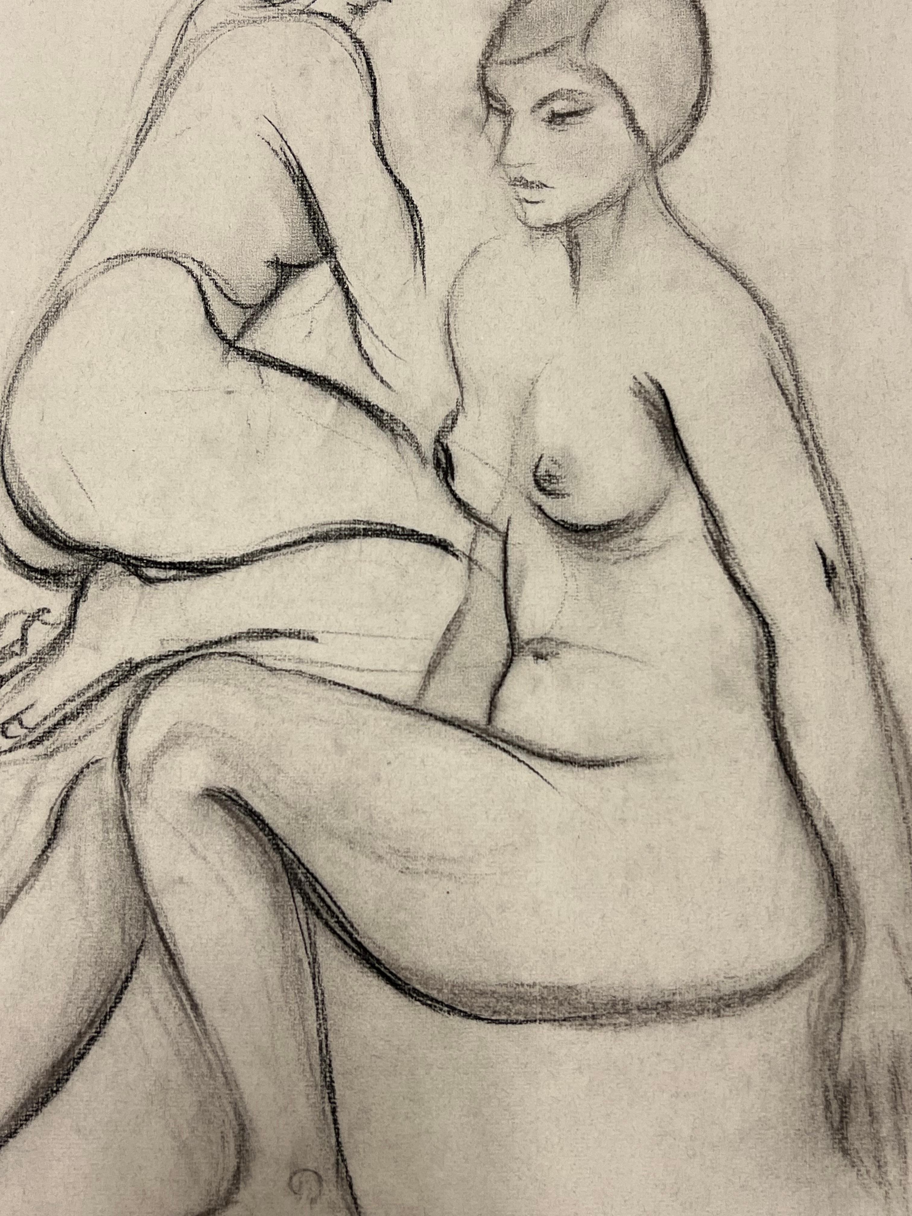 Dibujo original francés al pastel de 1960 Figuras femeninas desnudas sentadas y arrodilladas - Nude Gris de Dagmar Web
