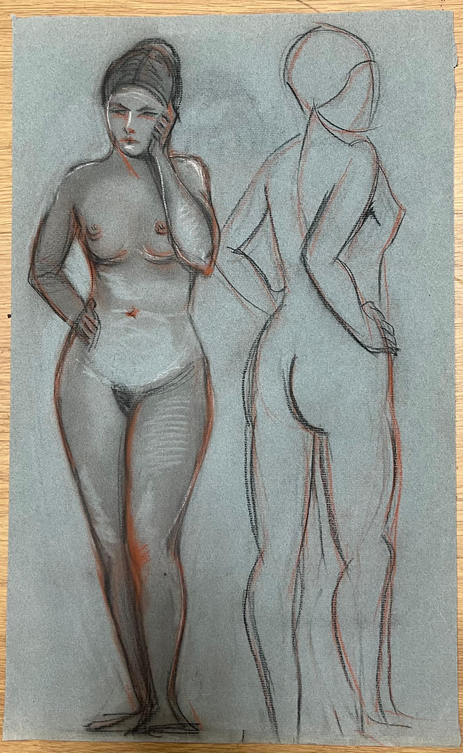 1960's Original French Pastel Sketch Nude Standing Female Dual Pose Study - Painting by Dagmar Web