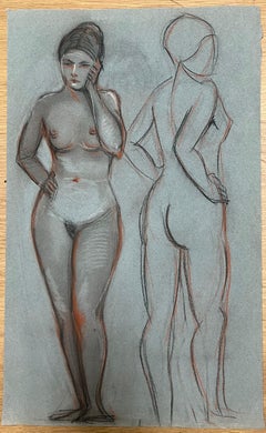 1960's Original French Pastel Sketch Nude Standing Female Dual Pose Study
