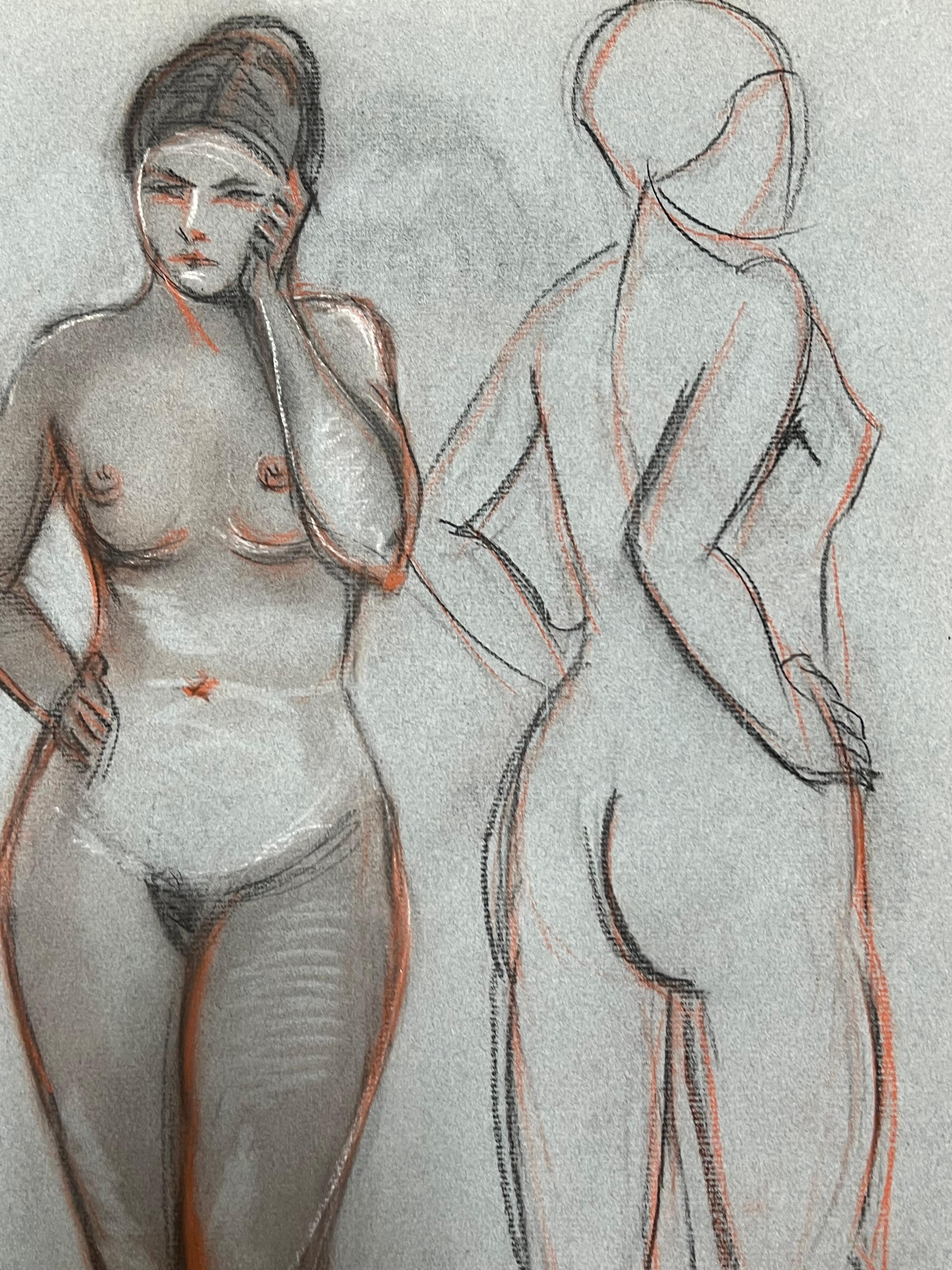 1960's Original French Pastel Sketch Nude Standing Female Dual Pose Study - Modern Painting by Dagmar Web