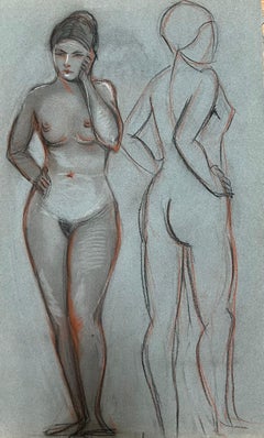 1960's Original French Pastel Sketch Nude Standing Female Dual Pose Study