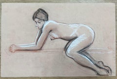 Estudio de Desnudo Reclinado Dibujado al Pastel Francés Original de 1960