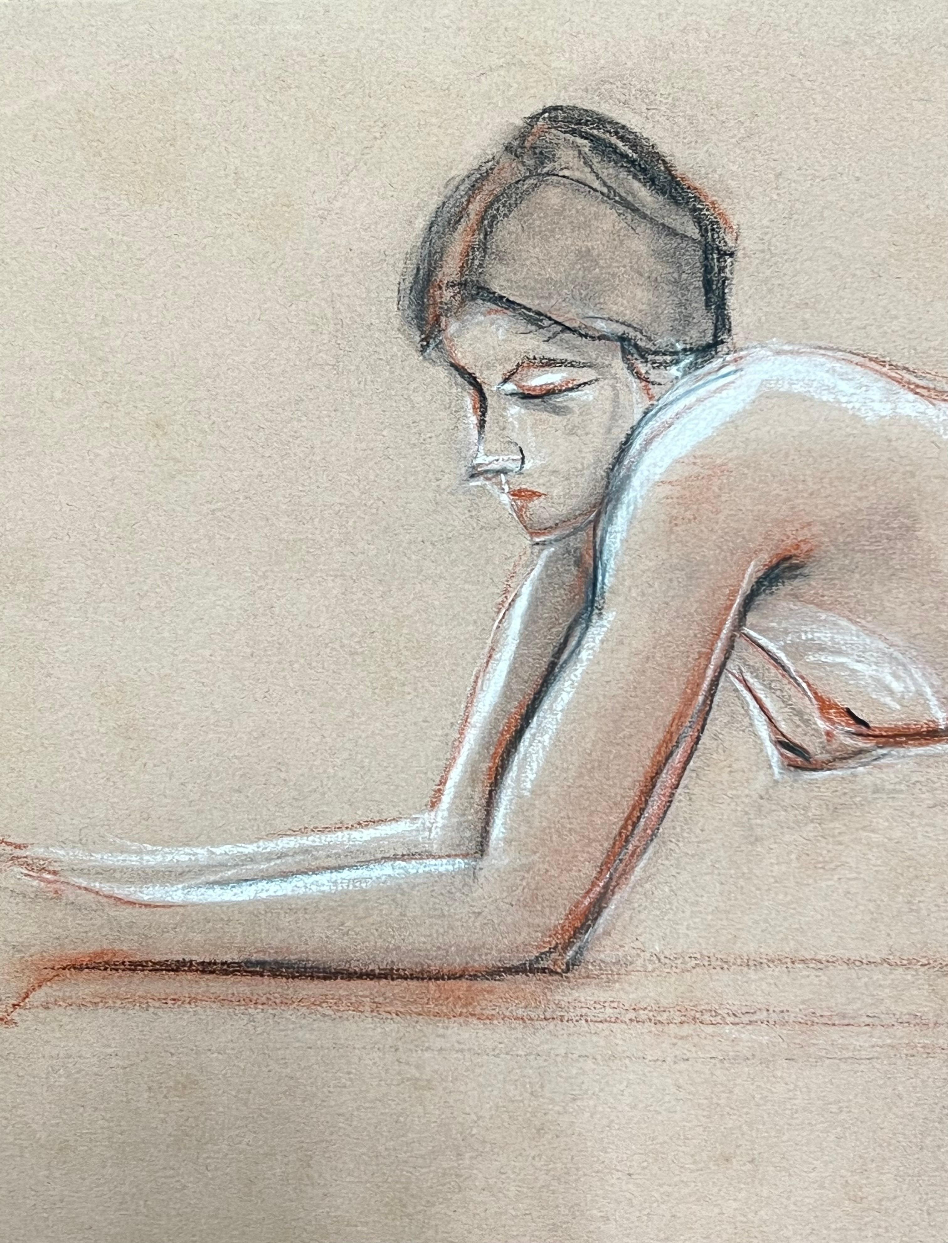 1960's Original Französisch Pastell Skizze Liegenden Akt Studie (Grau), Nude, von Dagmar Web